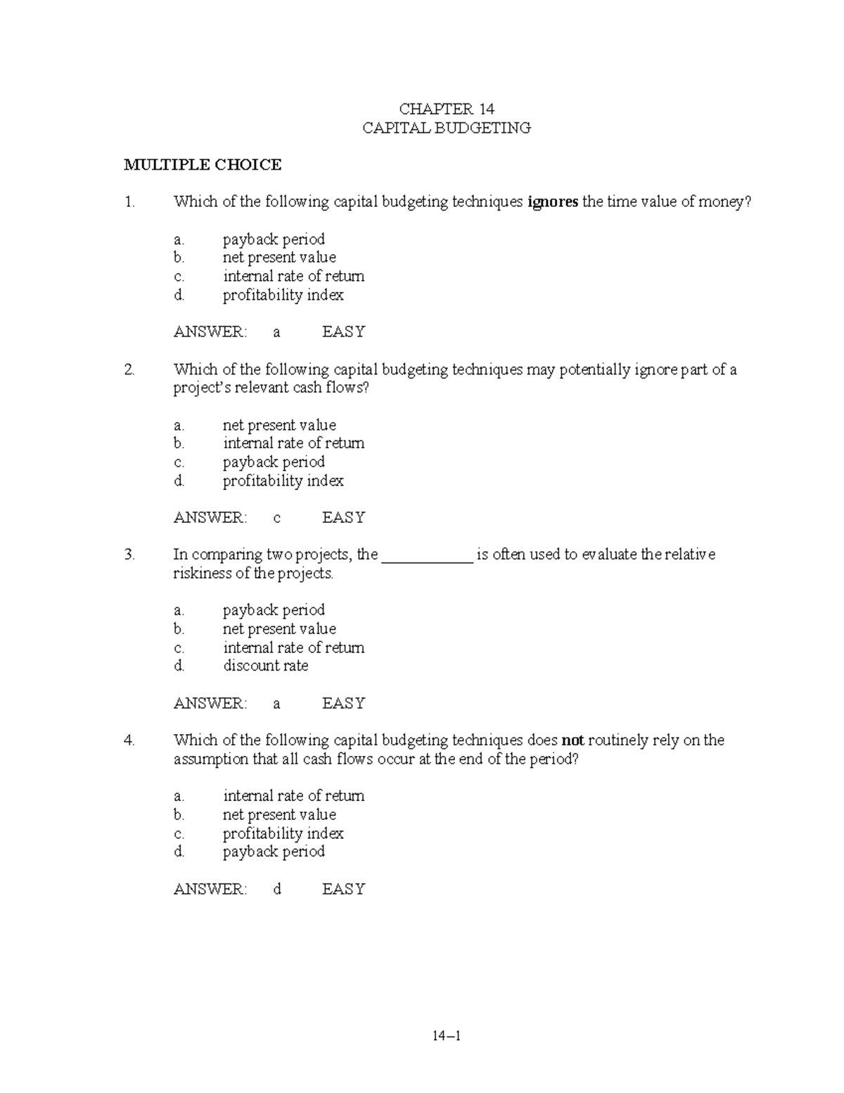 Capital Budgeting Notes - Ch14: Key Concepts and Questions - Studocu