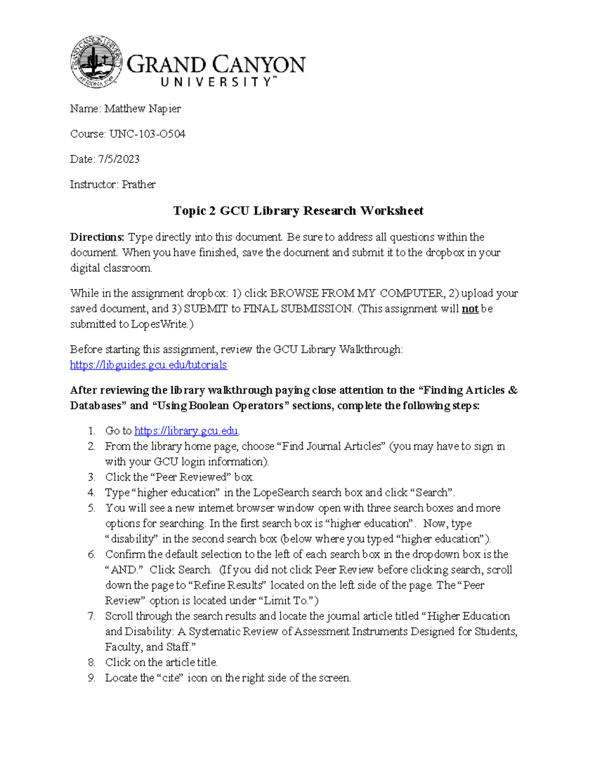 UNV 103 T2 Library Research Assignment Guide - Studocu