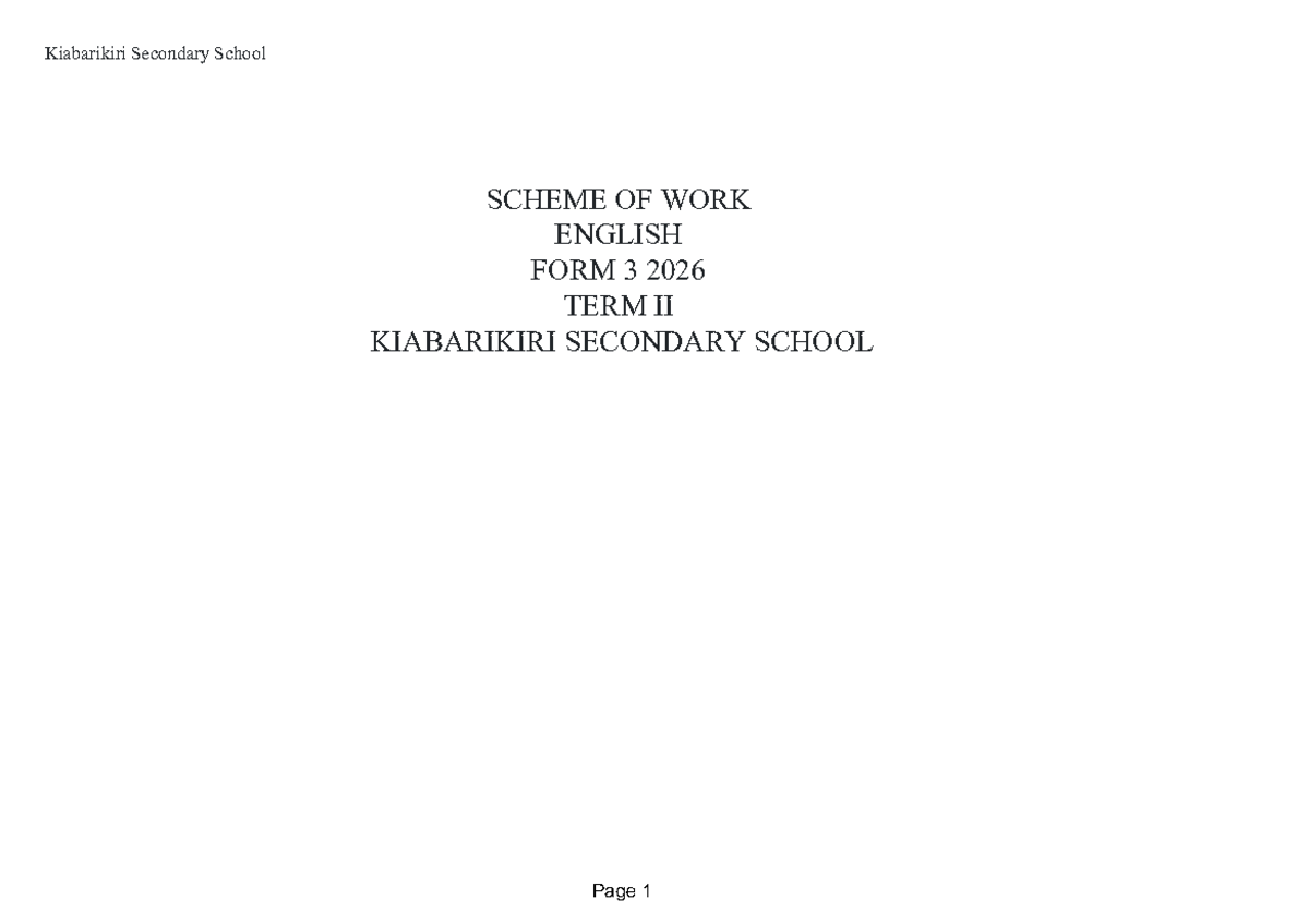 KLB Secondary English Form 3 Term II Scheme of Work 2026 - Studocu