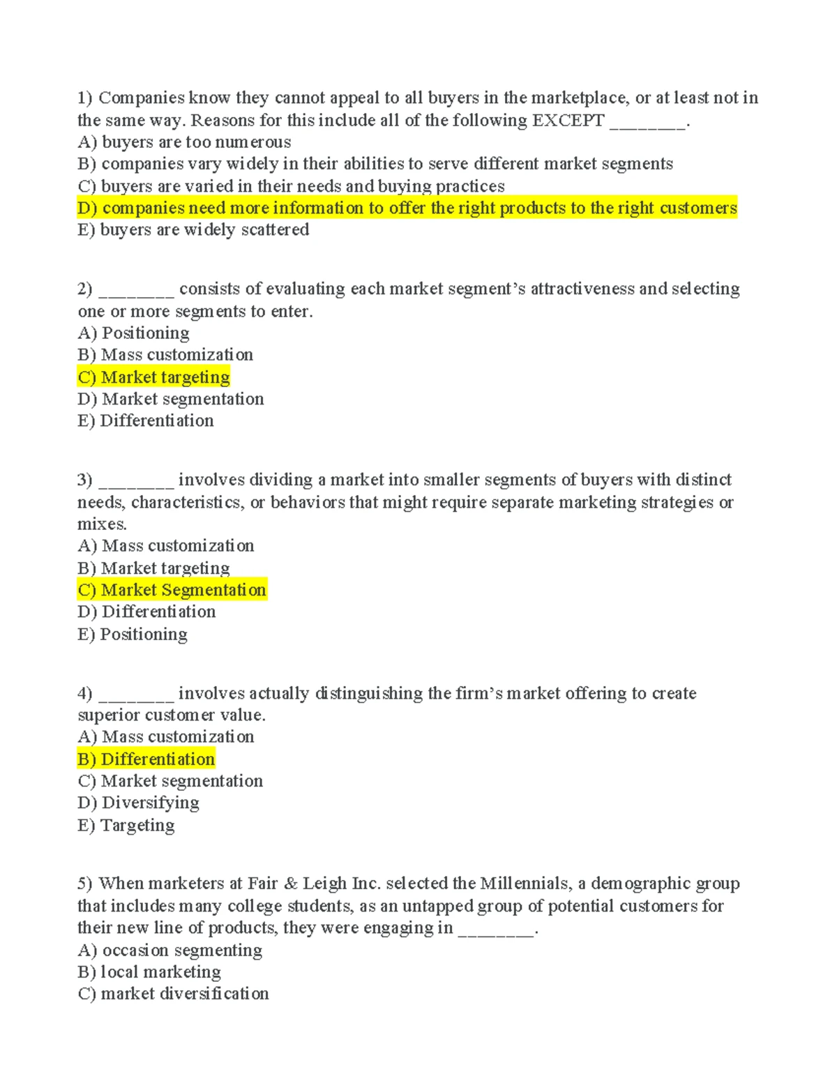 Multiple Choice Questions for Marketing Concepts - Chap 5 - Studocu