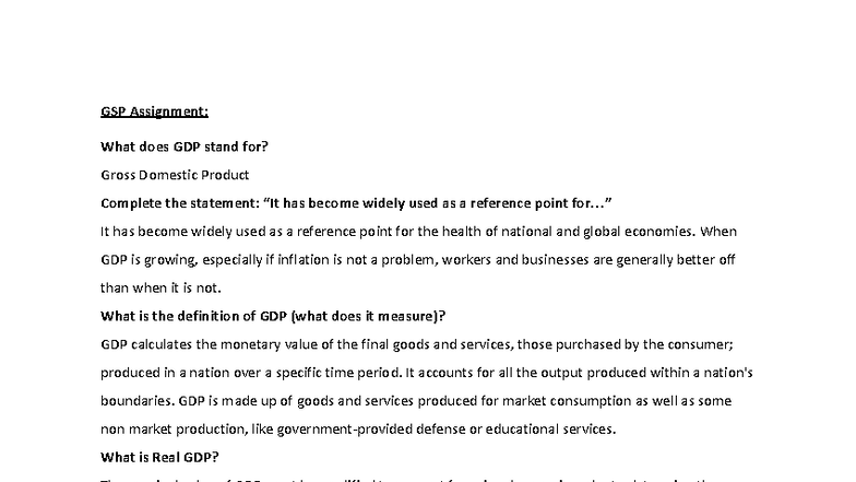 GSP Assignment: Understanding GDP and Its Economic Impact - Studocu