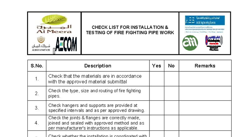 Checklist for Installation Testing of Fire Fighting Pipe Work - Studocu