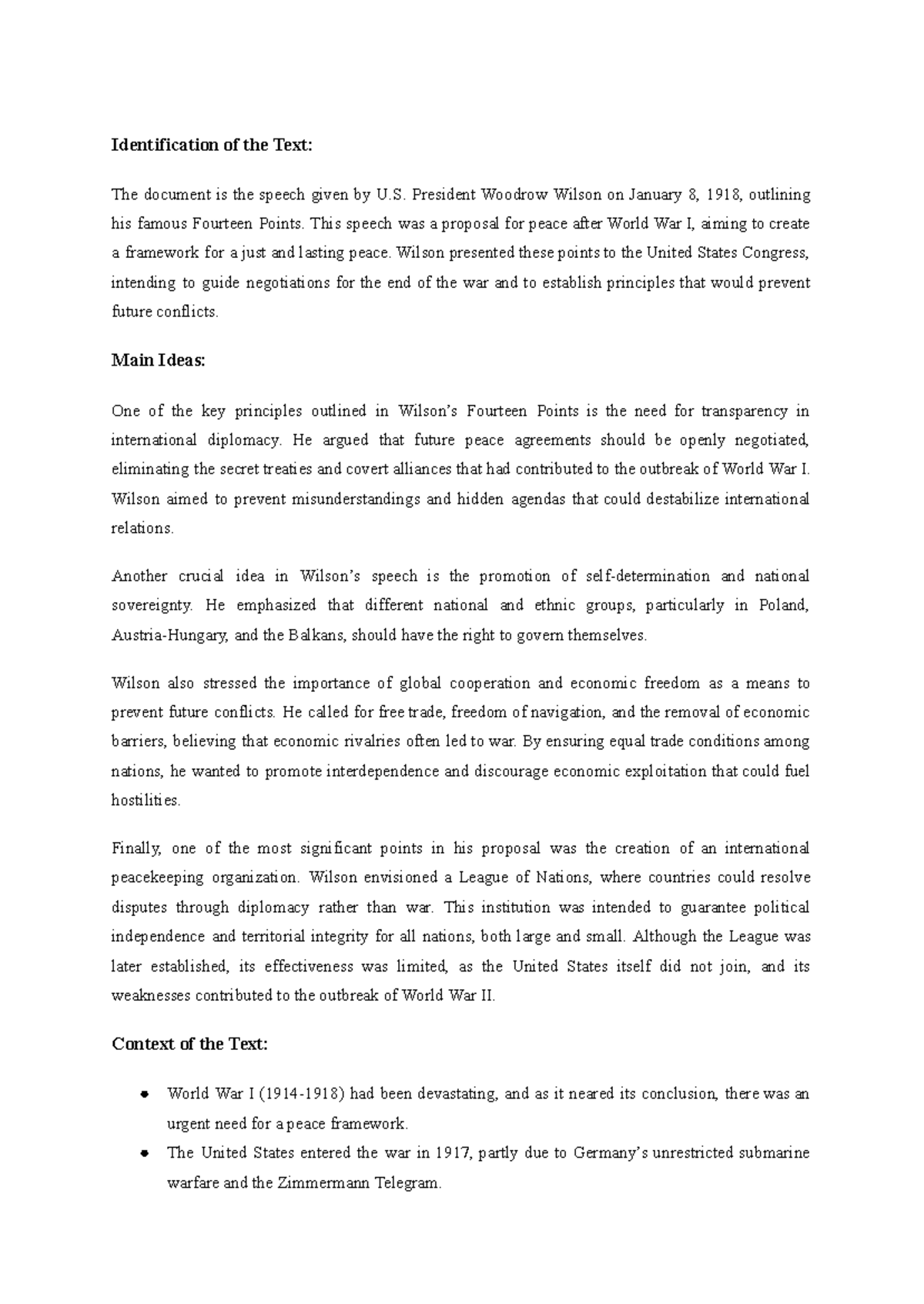 Text Analysis of Wilson's 14 Points Speech: A Framework for Peace - Studocu