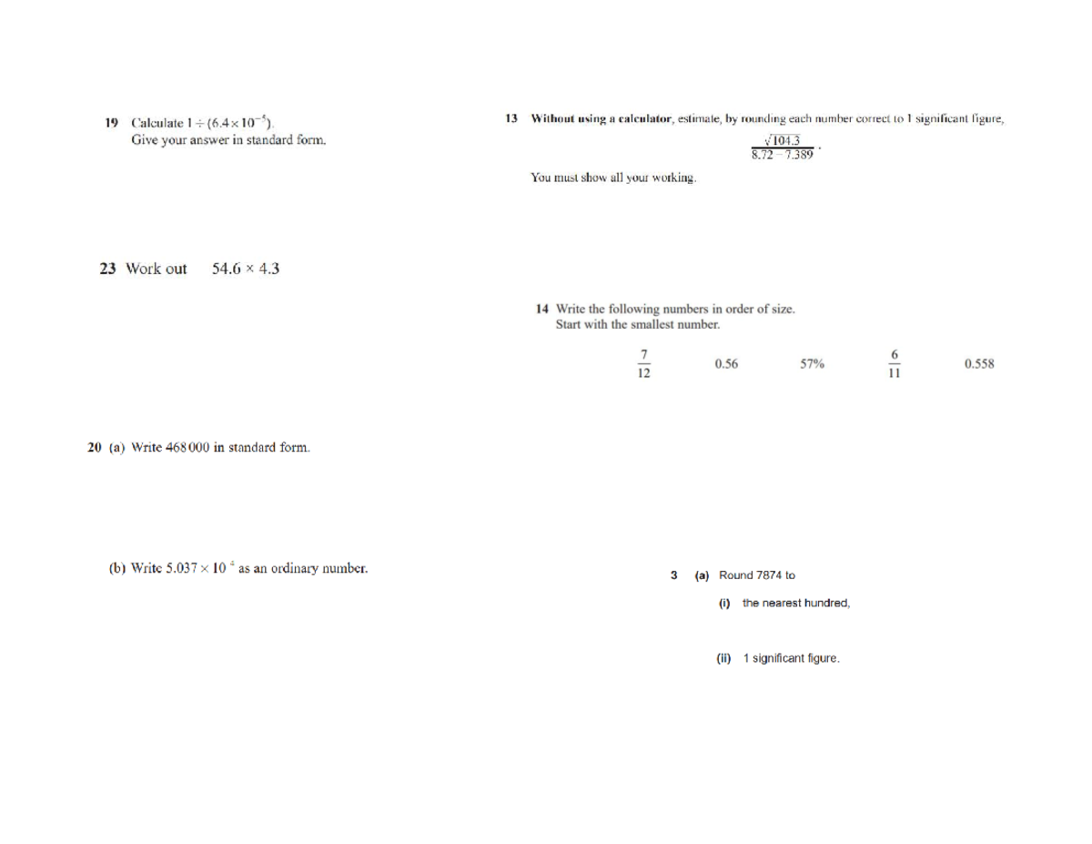YR 10 Worksheet: Estimating & Rounding Numbers in Standard Form - Studocu