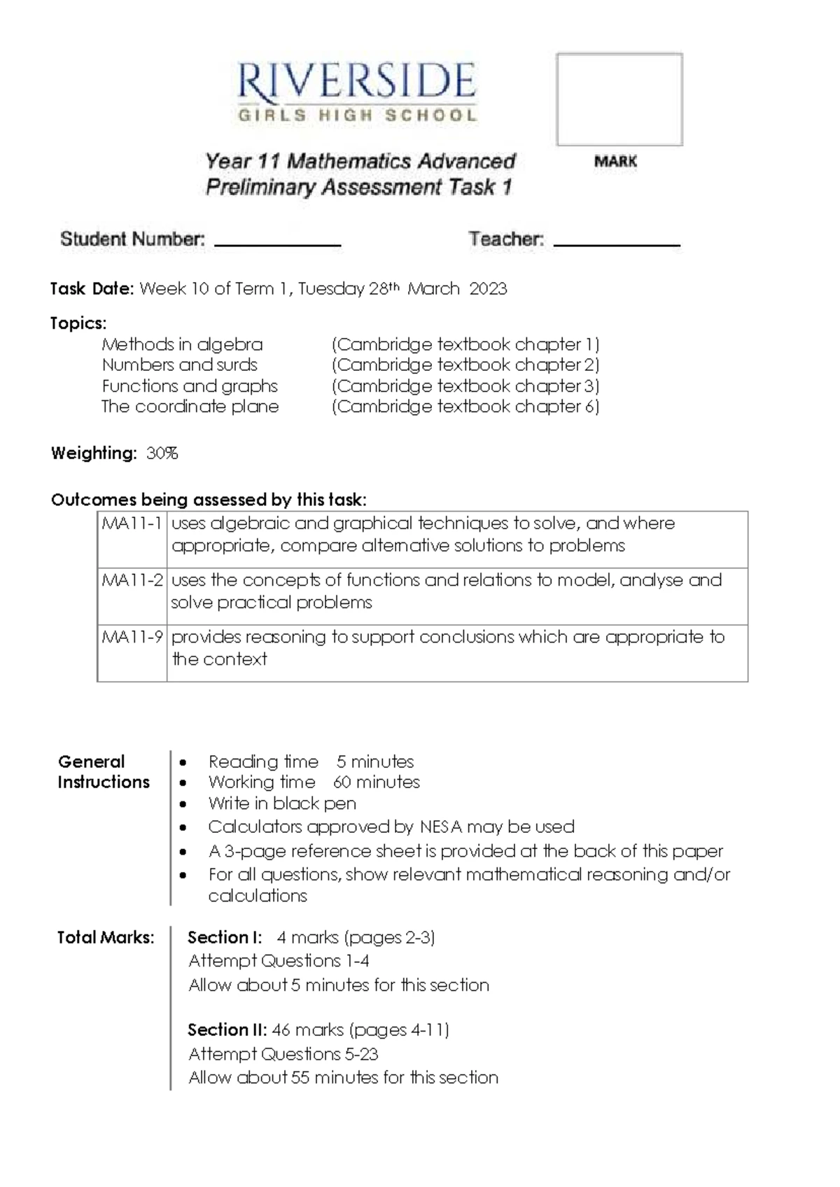 2021 Advanced Prelims: Algebra & Functions Task 1 - Studocu