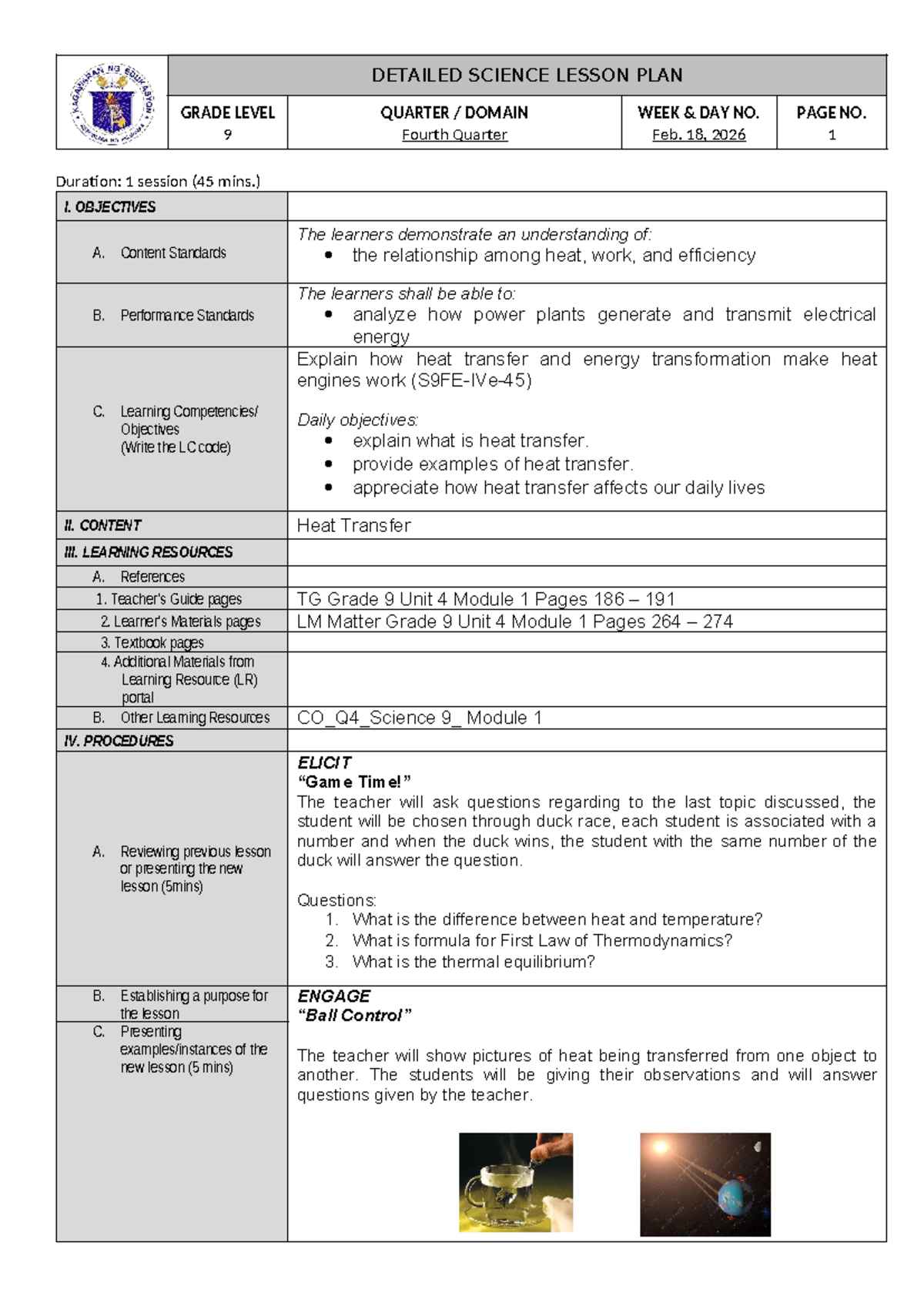 DLP 2-12: Detailed Science Lesson Plan on Heat Transfer for Grade 9 ...