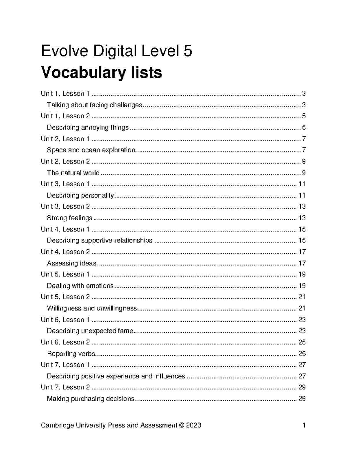 Evolve Digital Level 5 Vocabulary Lists: Complete Lessons Overview ...