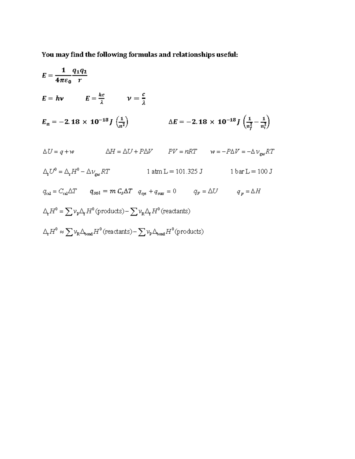 CHEM 101 F2025 Practice Final Exam Formulas and Concepts - Studocu