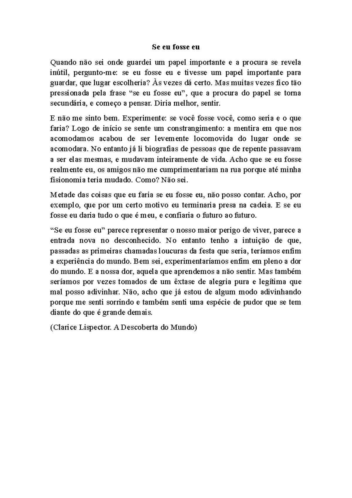 Se eu fosse eu - Anotações sobre Clarice Lispector - Studocu