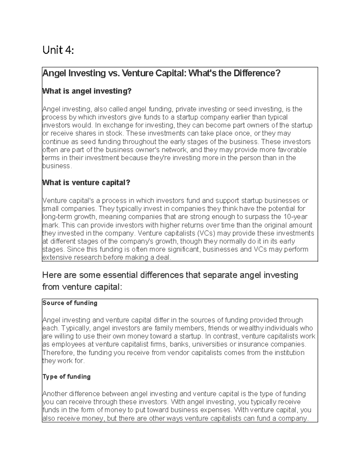 Unit 4: Angel Investing vs. Venture Capital - Key Differences Explained ...