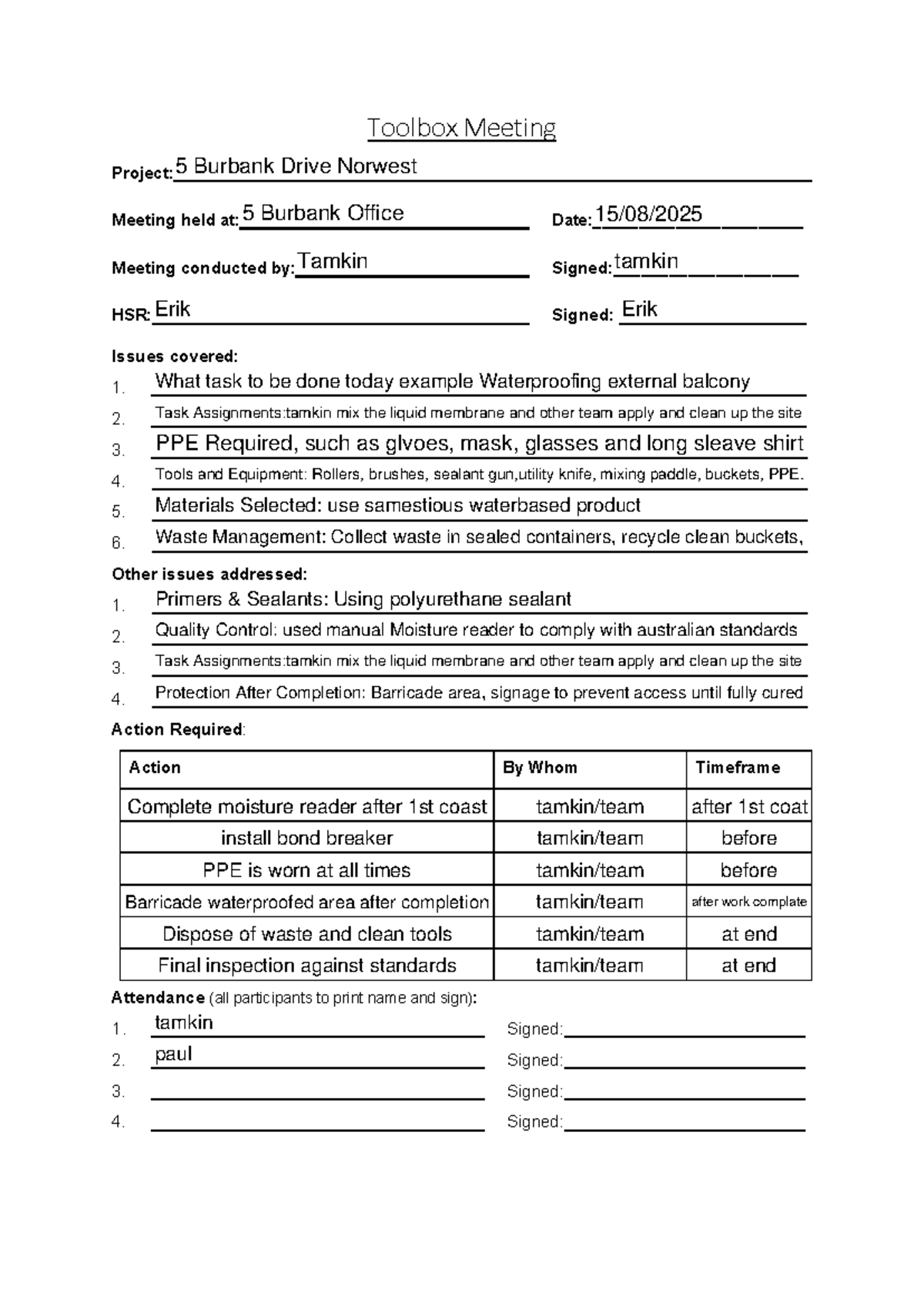 Toolbox Meeting Notes: 5 Burbank Drive Project Overview - Studocu