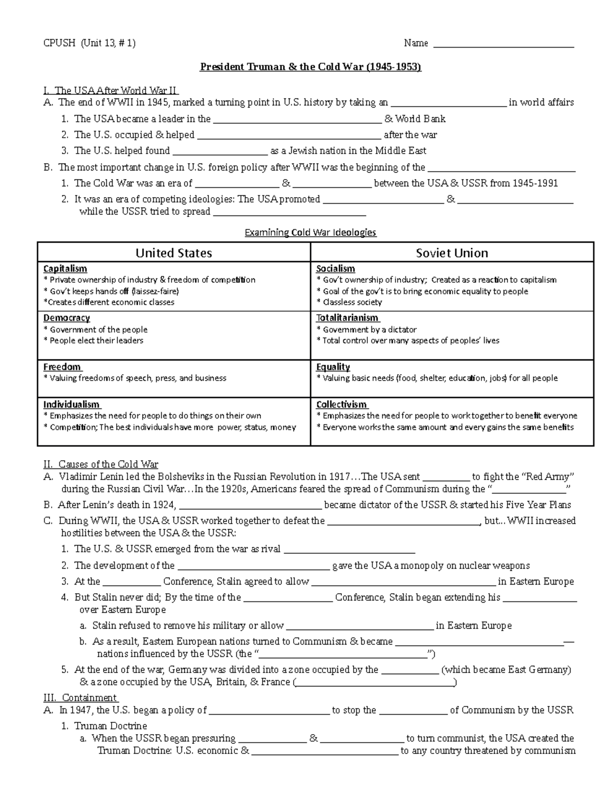 CPUSH Unit 13 - The Cold War: Key Events and Ideologies (1945-1953 ...