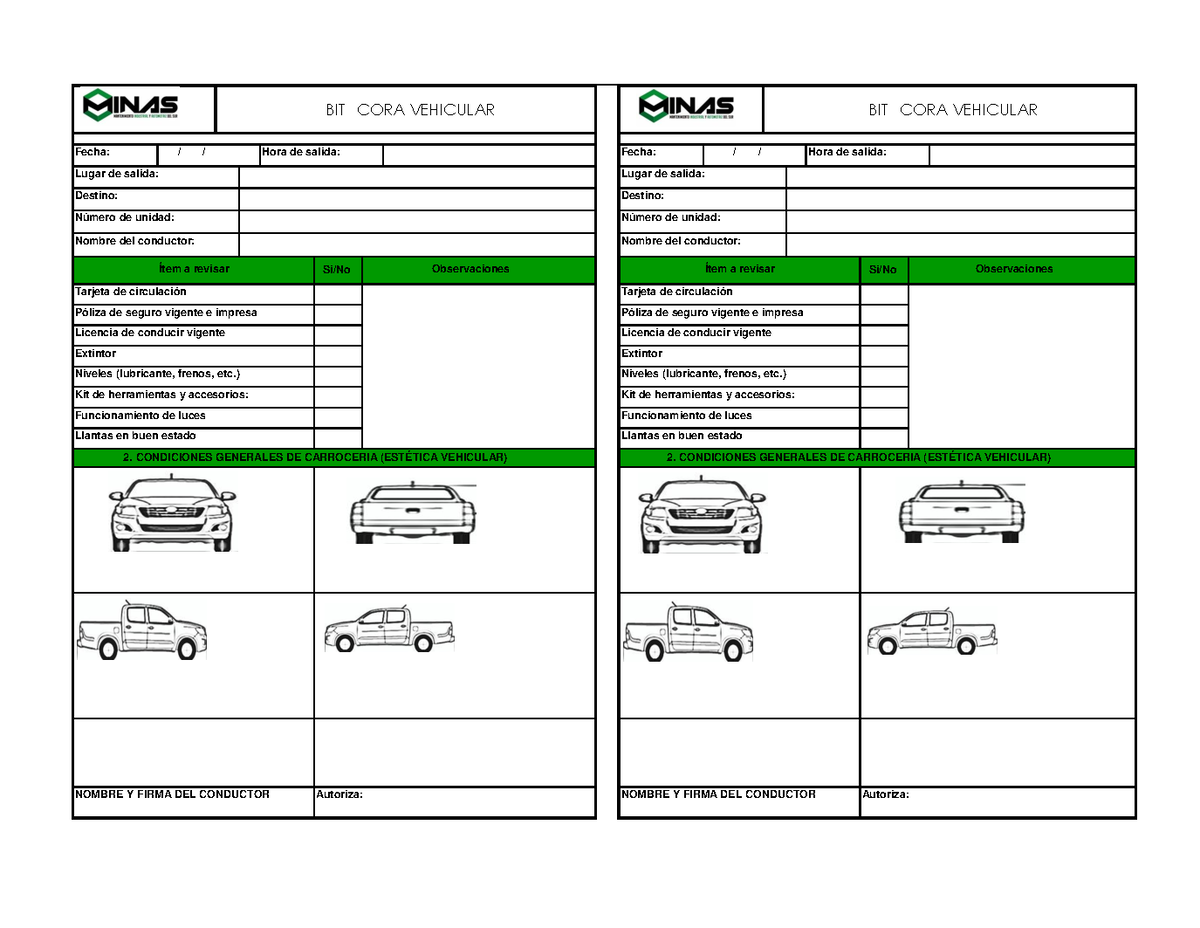 BITÁCORA VEHICULAR DE SALIDA - CHECKLIST MINAS VER00 - Studocu