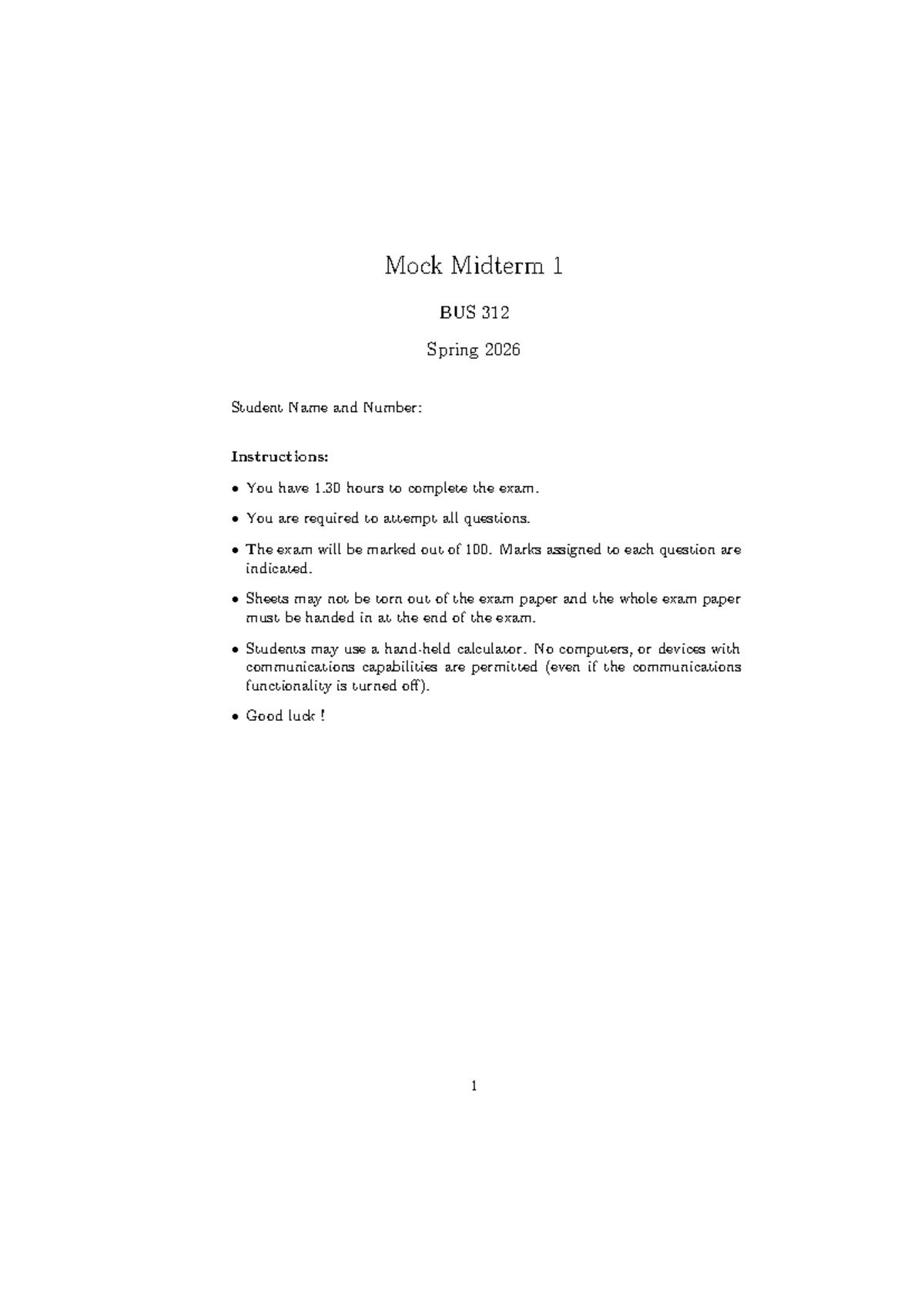 Mock Midterm 1 BUS 312 Spring 2026 Questions and Instructions - Studocu
