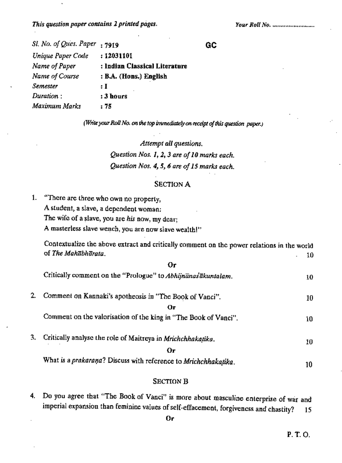 B.A. (Hons.) I English: Indian Classical Literature Exam Paper - 7919 ...
