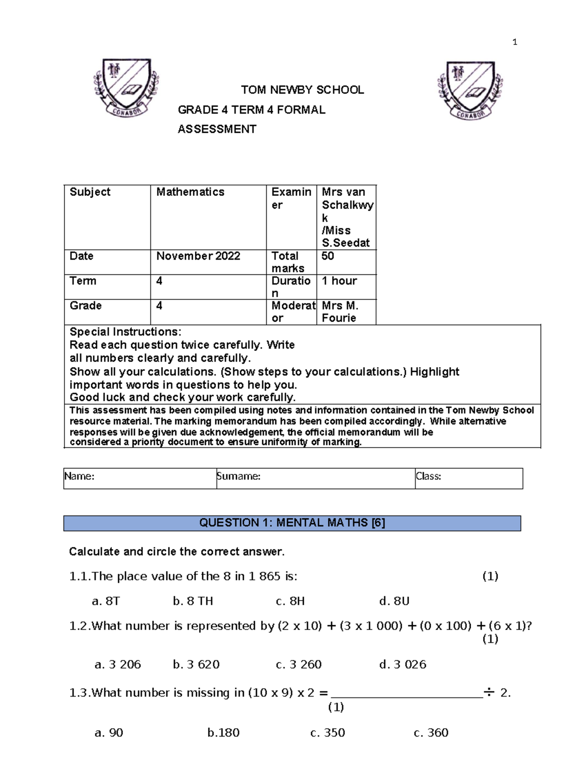 Grade 4 Mathematics Term 4 Formal Assessment November 2024 - Studocu