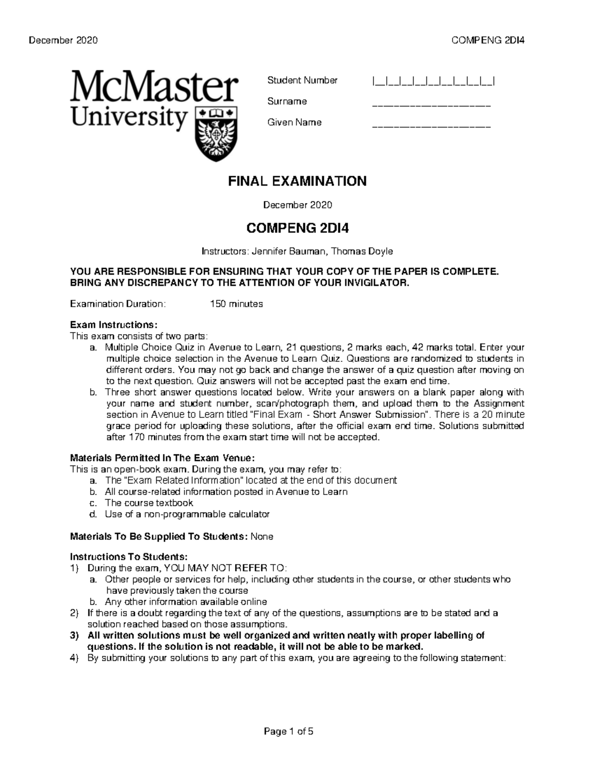 COMPENG 2DI4 Final Exam 2020 Short Answer Questions Guide - Studocu