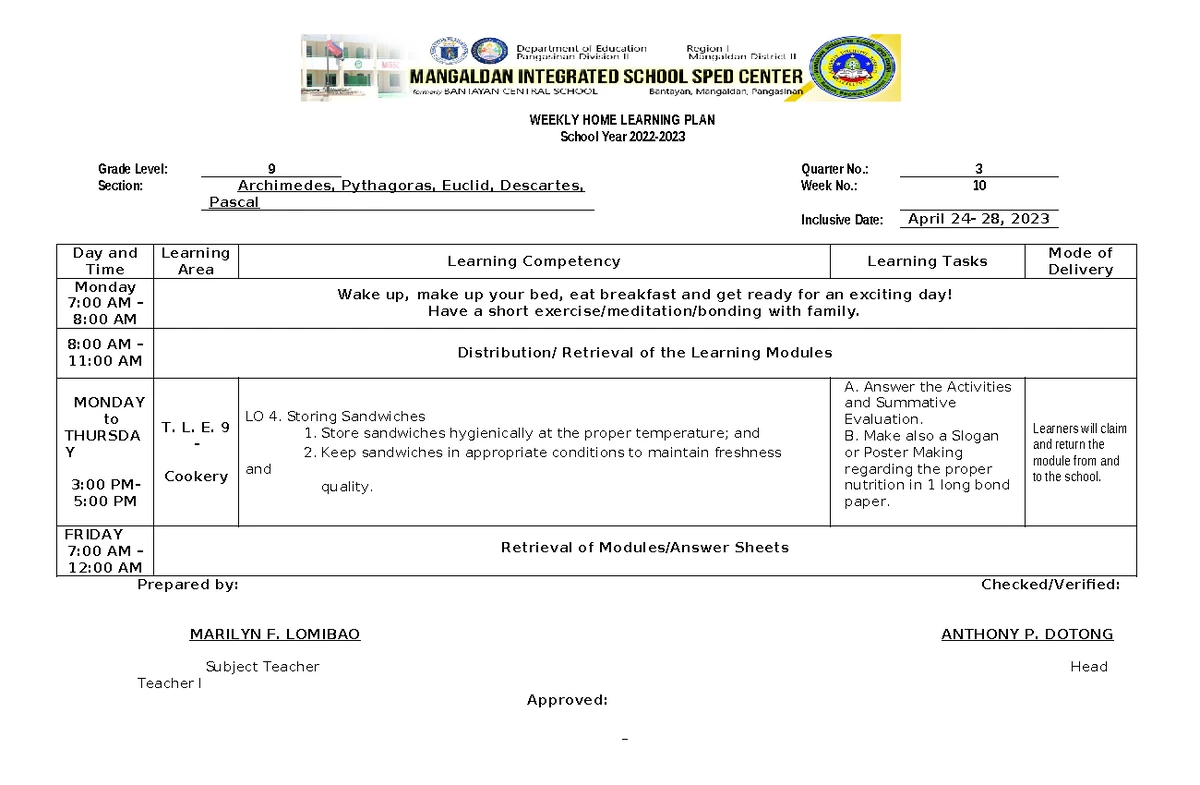 TLE 9 Daily Lesson Log: April 10-14, 2023 - Studocu