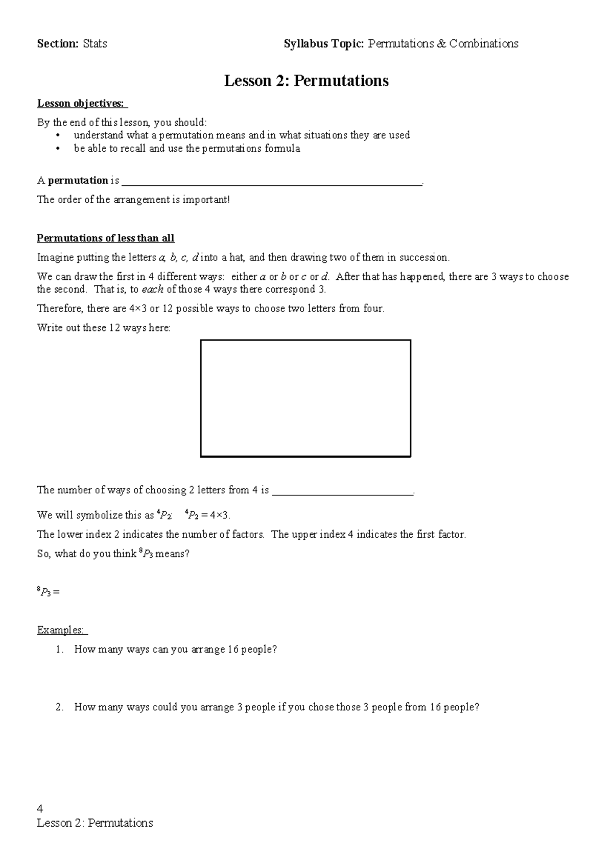 Stats Syllabus: Lesson 2 - Permutations & Combinations - Studocu