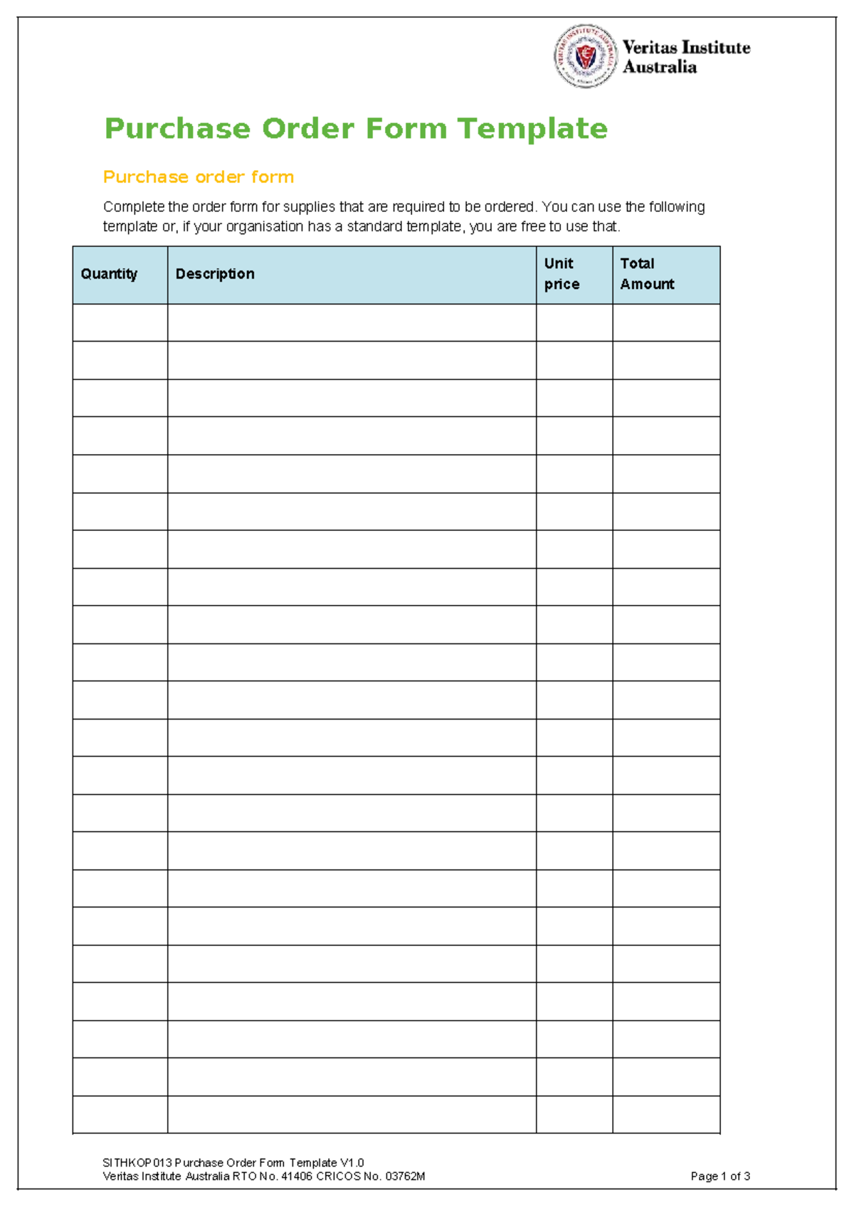 SITHKOP013 Purchase Order Form Template V1.0 - Studocu