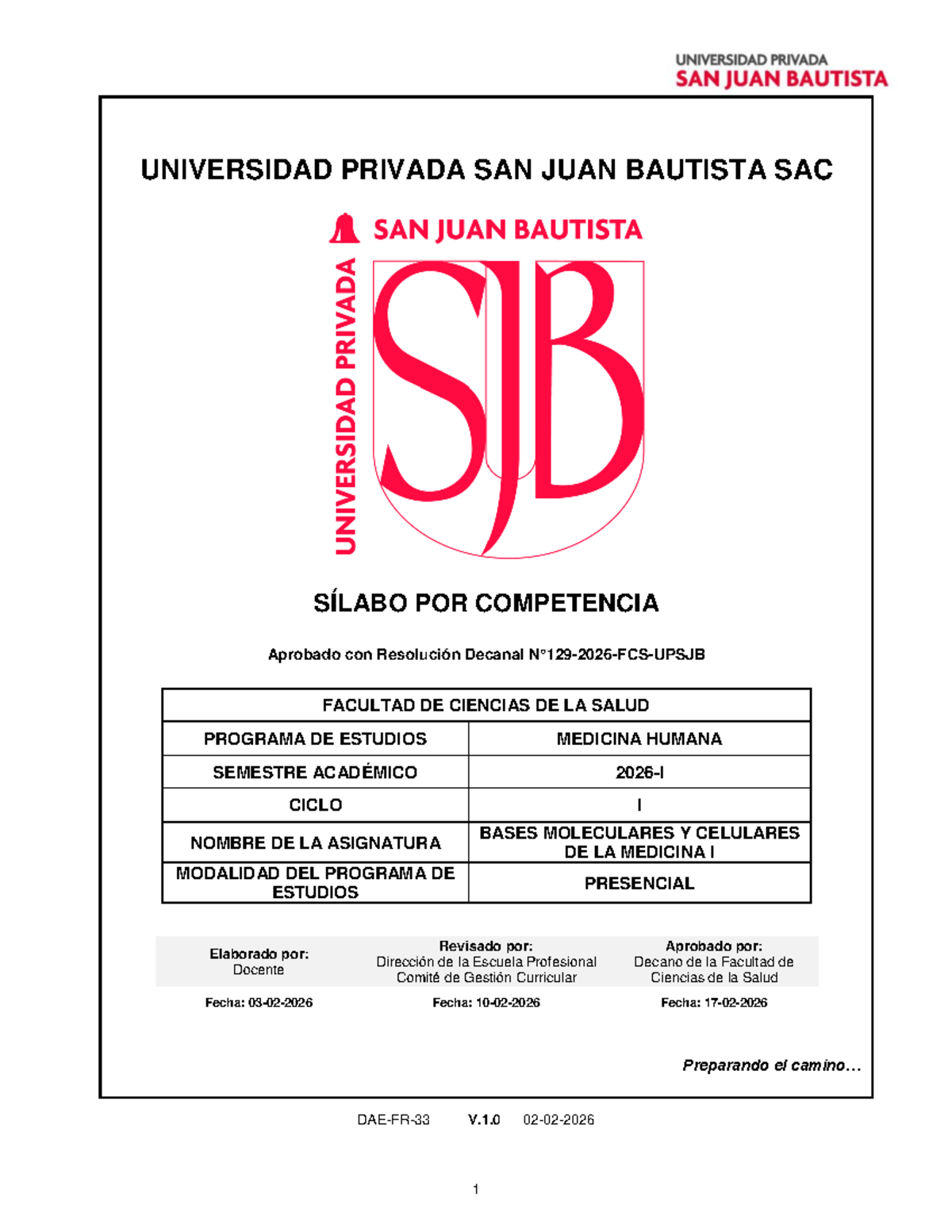 EPMH - Sílabo de Bases Moleculares y Celulares de la Medicina I - Ciclo I - Document Preview