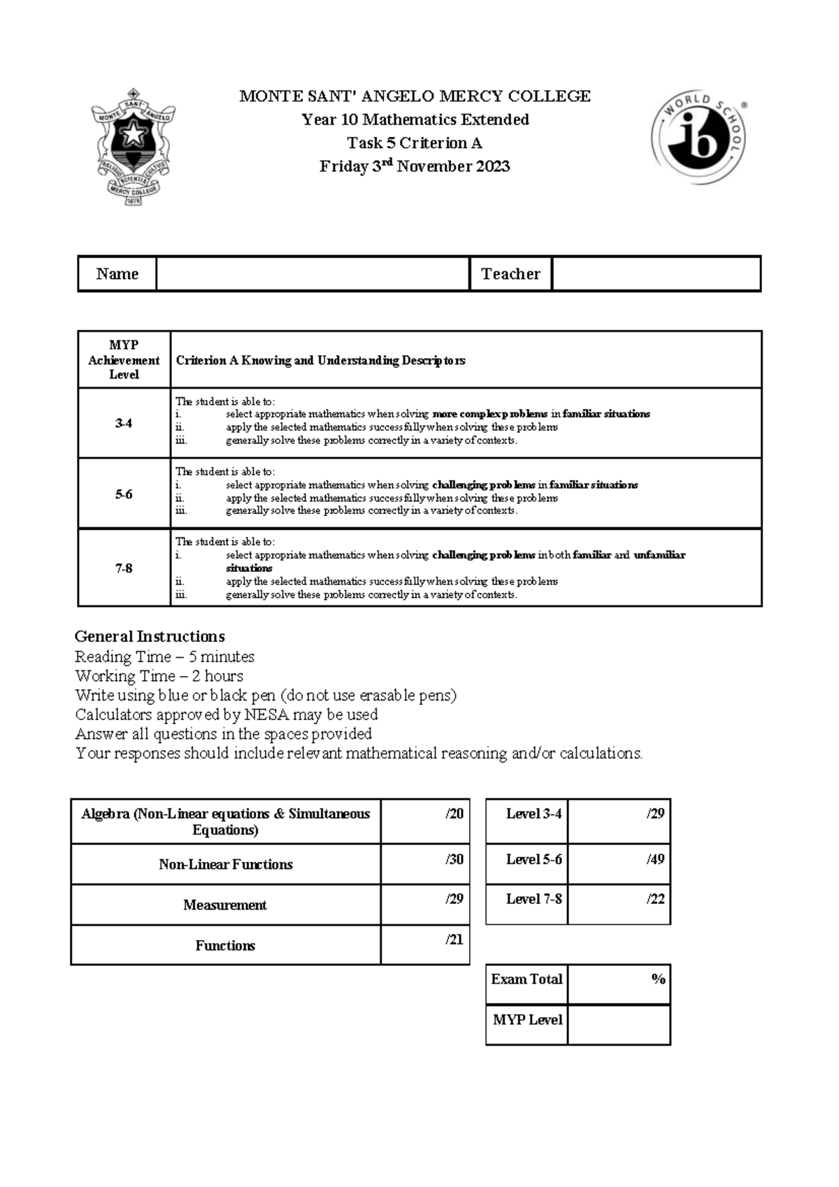 MATH 10 Extended Task 5: Criterion A Assessment Guide - Studocu