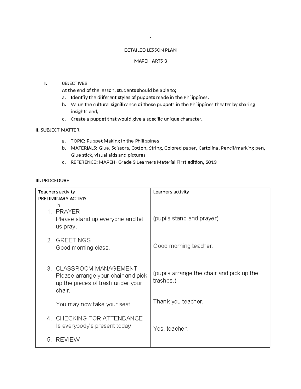 Detailed Lesson Plan on Puppet Making - MAPEH Grade 3 - Studocu