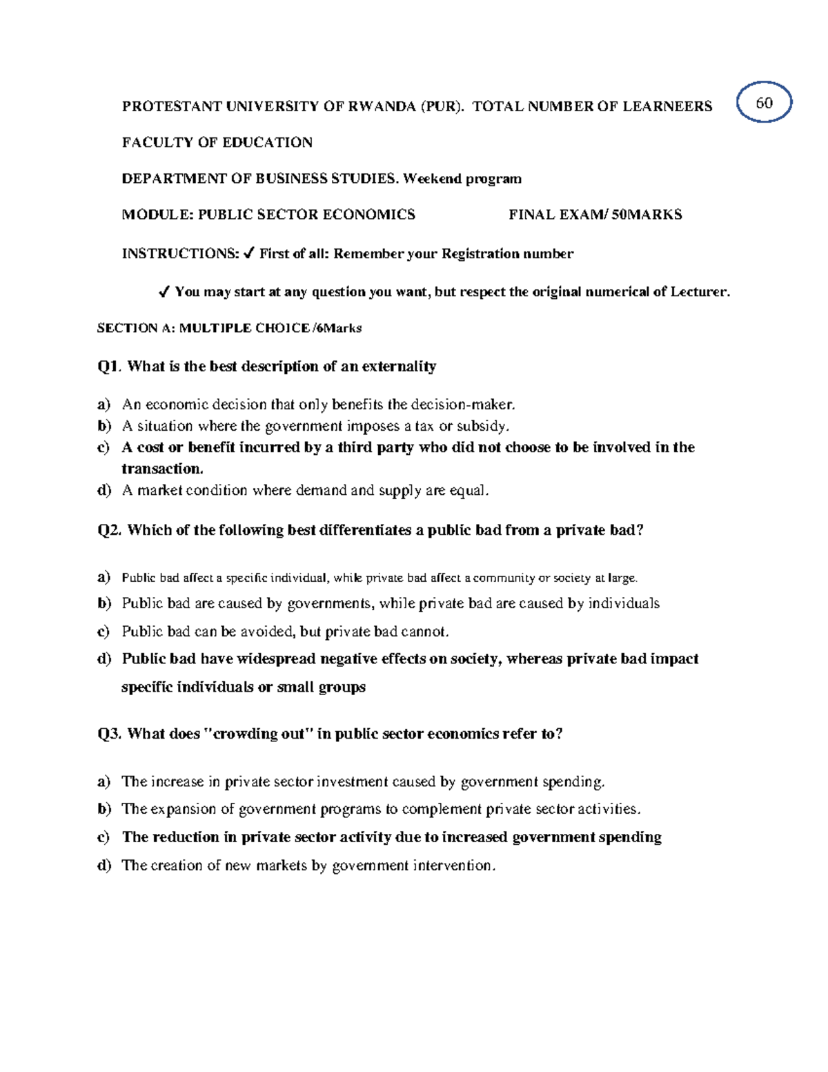 Answer Sheet FOR Public Sector Economics Weekend - PROTESTANT ...