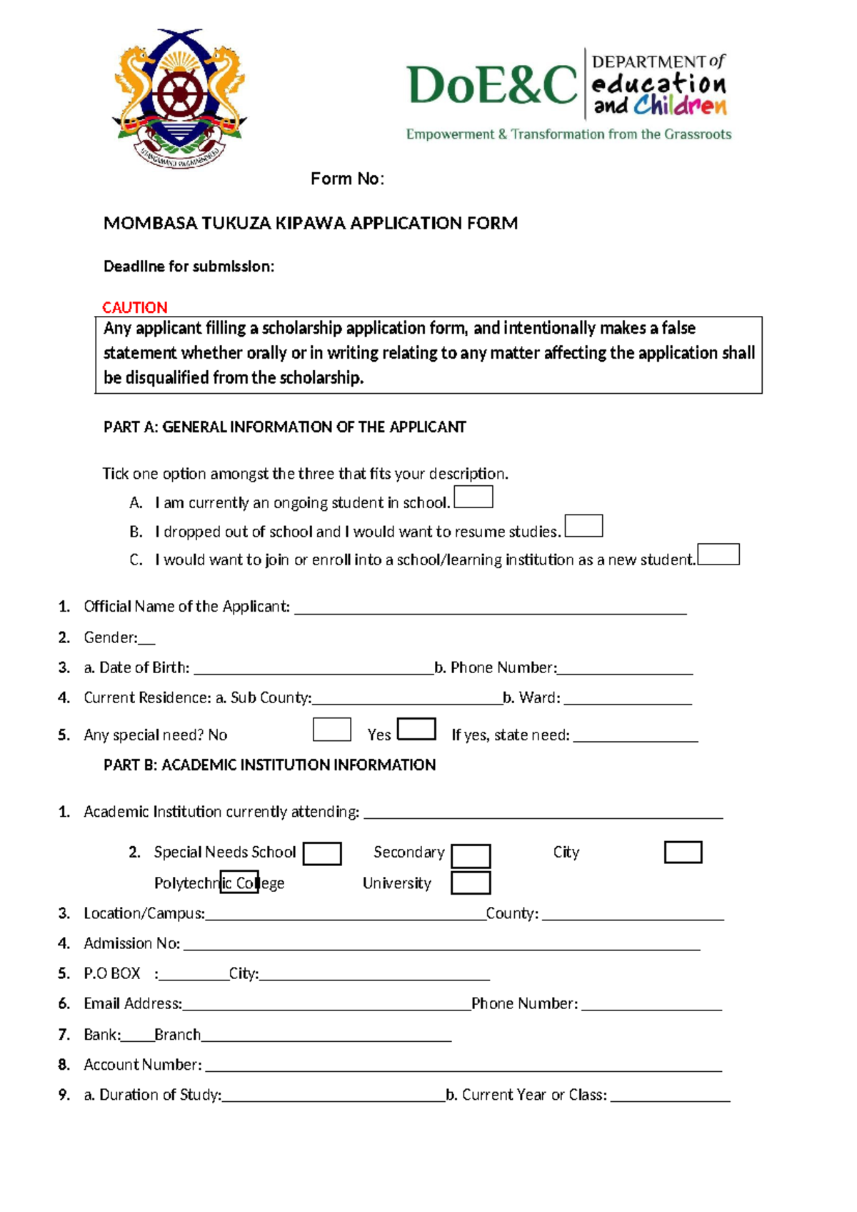 DOEC 2015 Mombasa Tukuza Kipawa Scholarship Application Form - Studocu