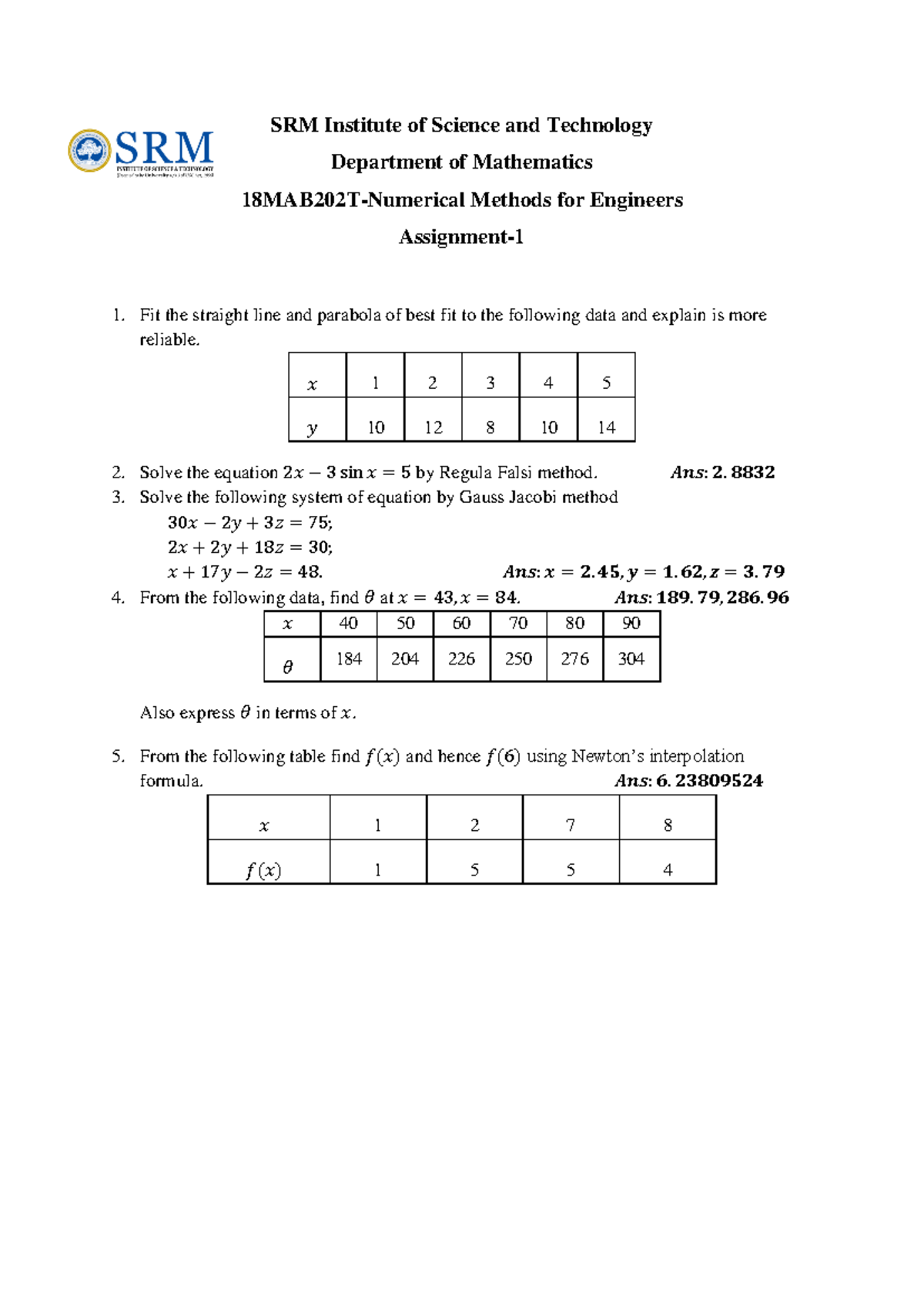 Assignment 1 18MAB202T-1 - SRM Institute of Science and Technology ...