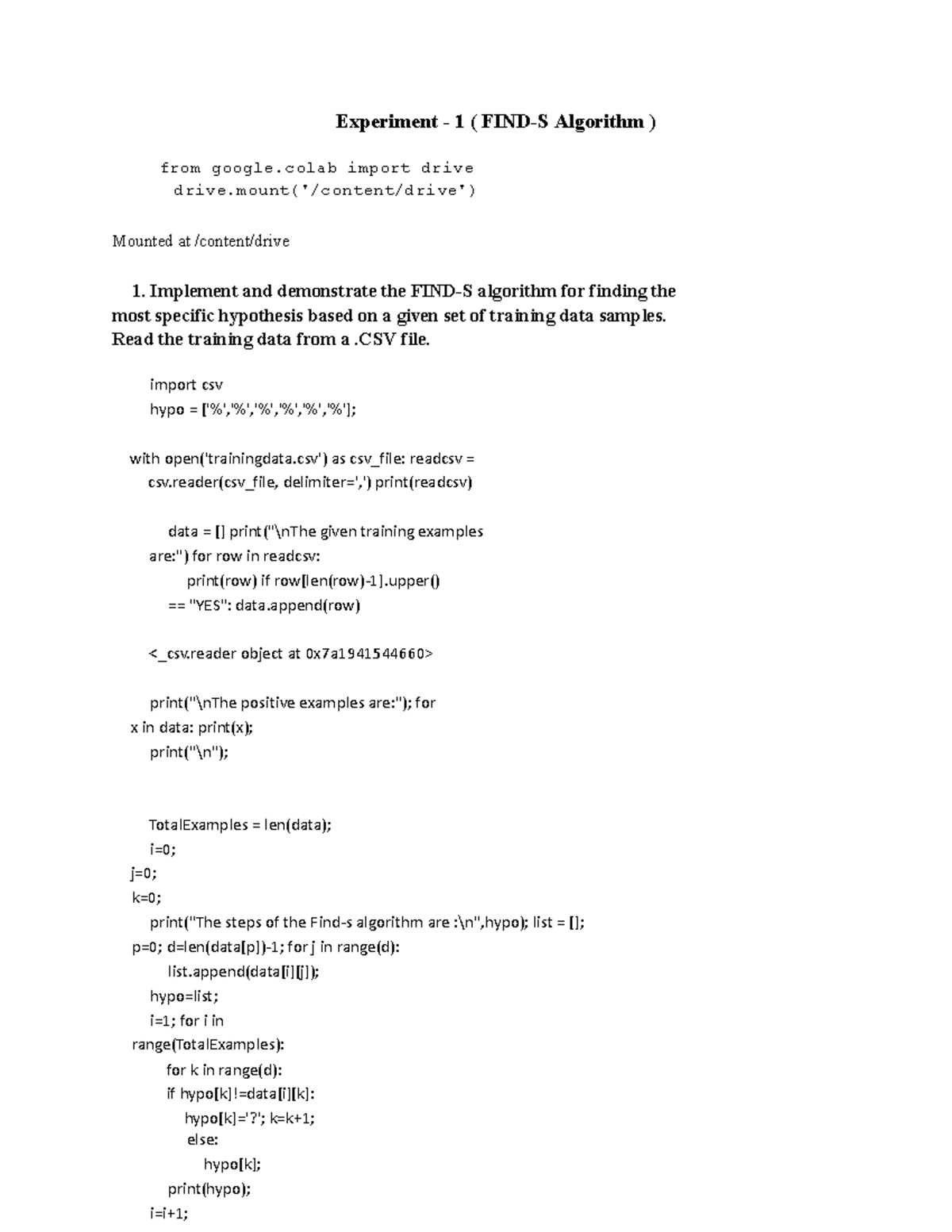 AR-MLT-FILE - MLT FILE WITH OUTPUT - Experiment - 1 ( FIND-S Algorithm ...