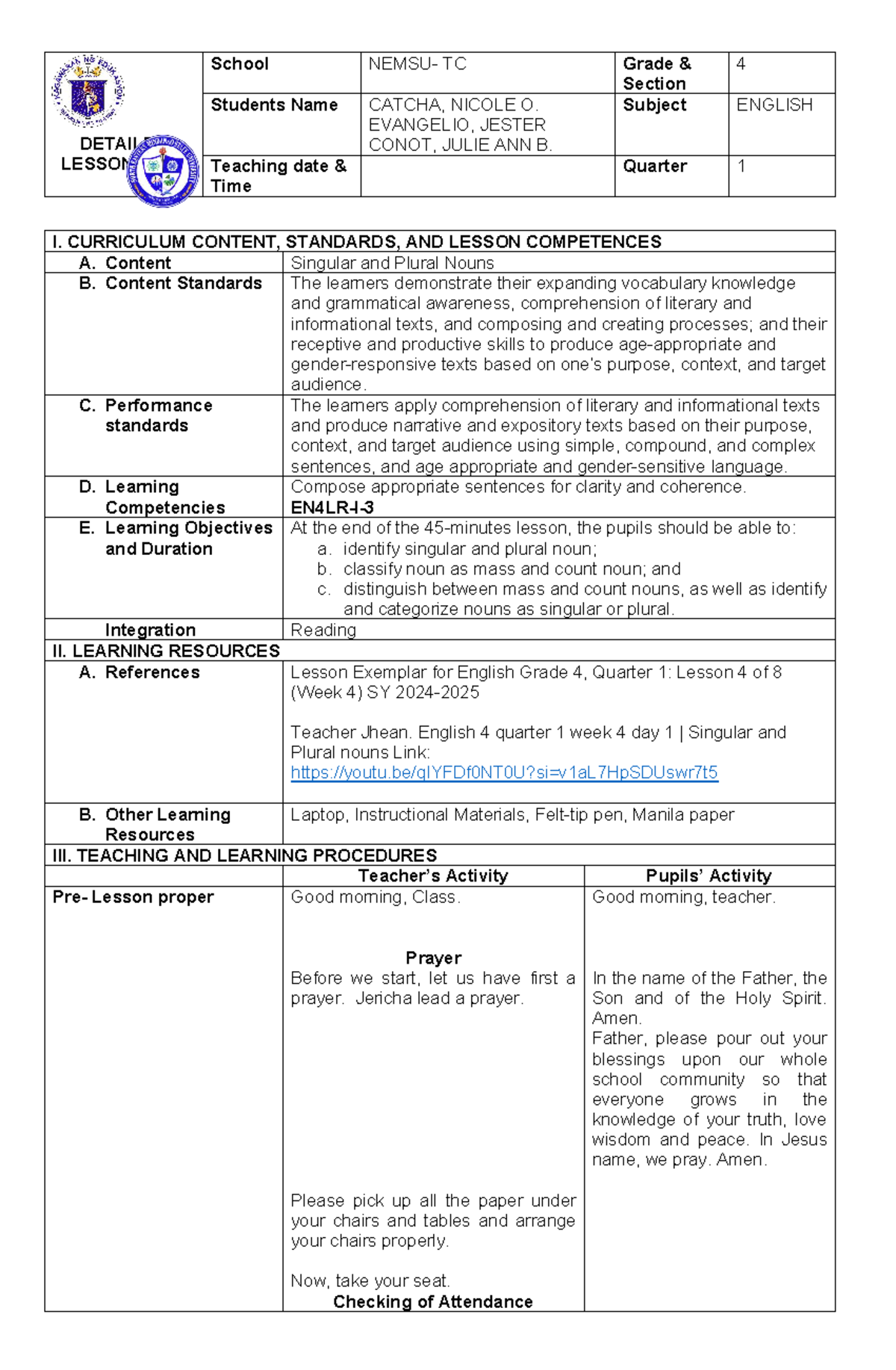 Detailed lesson plan in English - DETAILED LESSON PLAN School NEMSU- TC ...