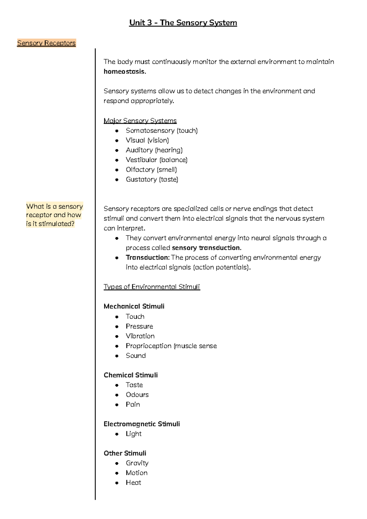 Unit 3 - Sensory System Notes: Receptors & Neural Coding - Studocu