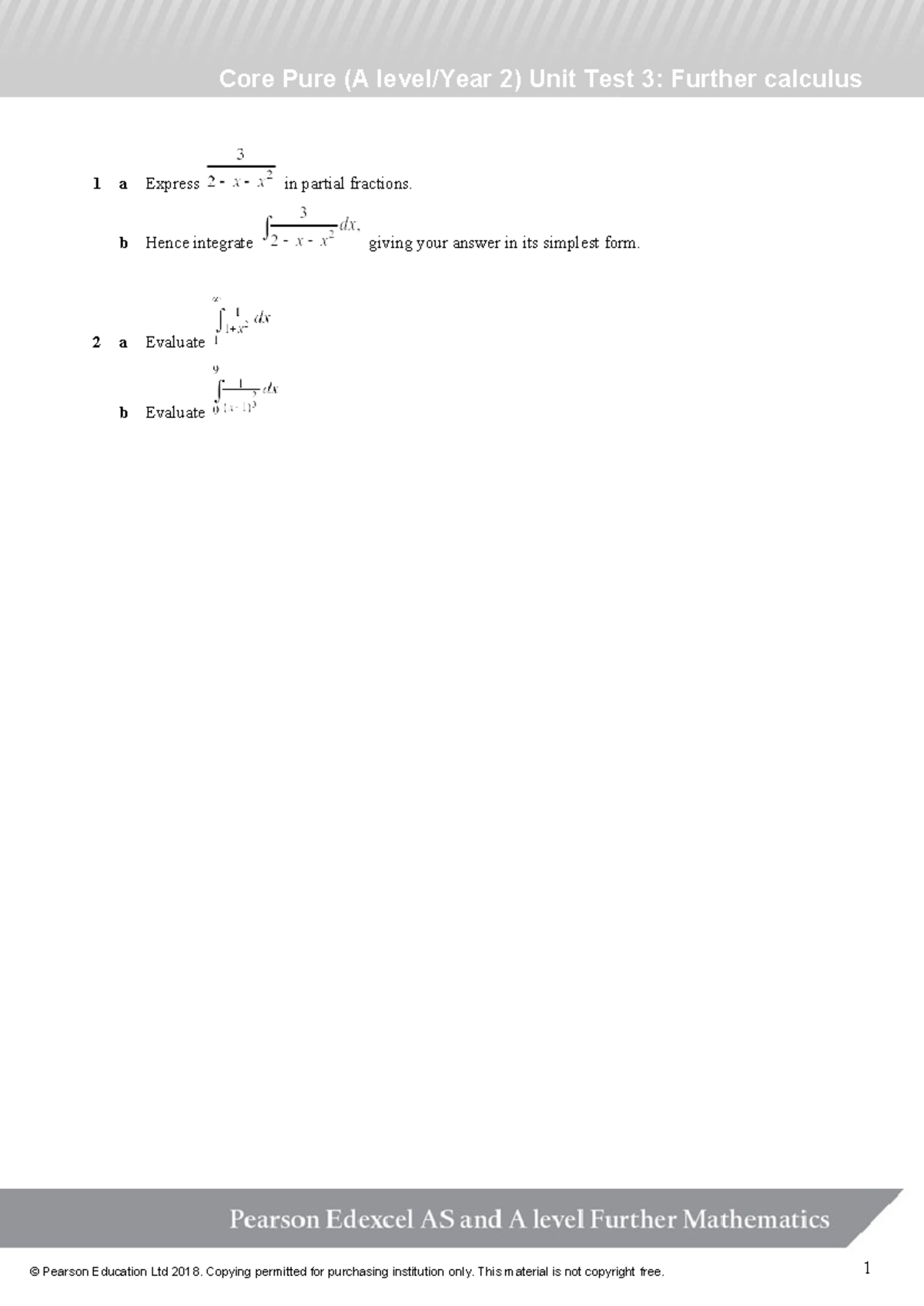 Core Pure (A 2) Unit Test 3: Further Calculus Concepts and Problems ...