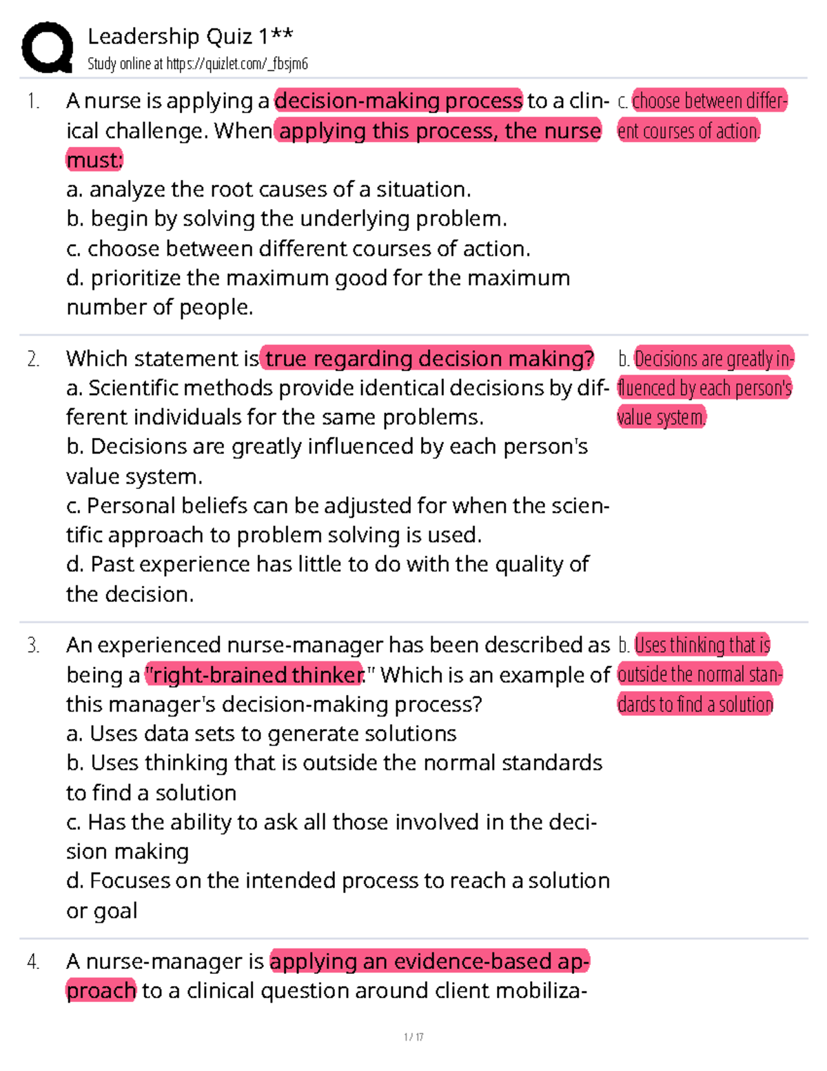Leadership Quiz 1 - Study Guide for Nursing Course 17 - Studocu