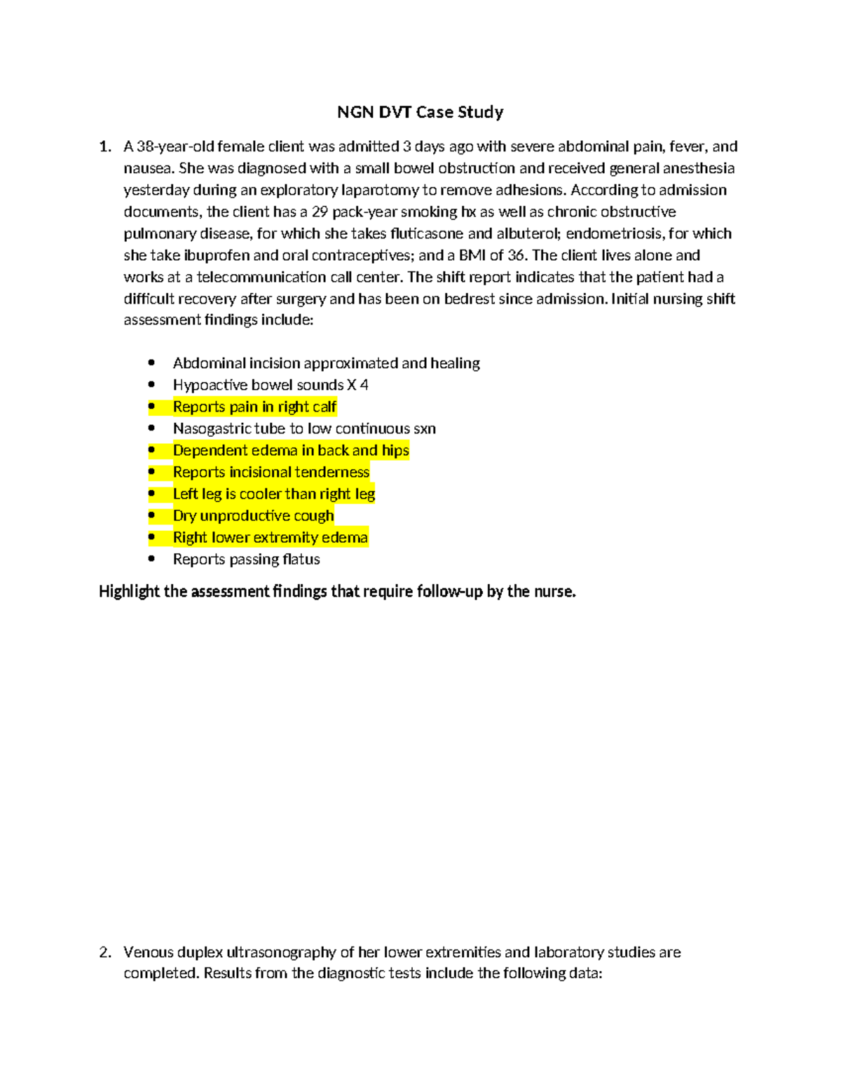 NGN DVT Case Study: Key Assessments and Nursing Interventions - Studocu