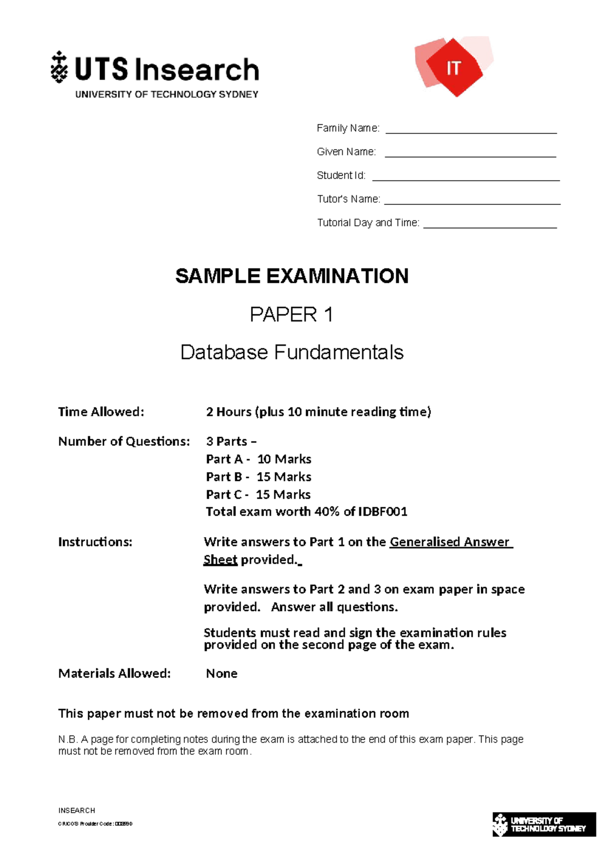 Sample Exam 1 Solution - Exam paper - Family Name ...