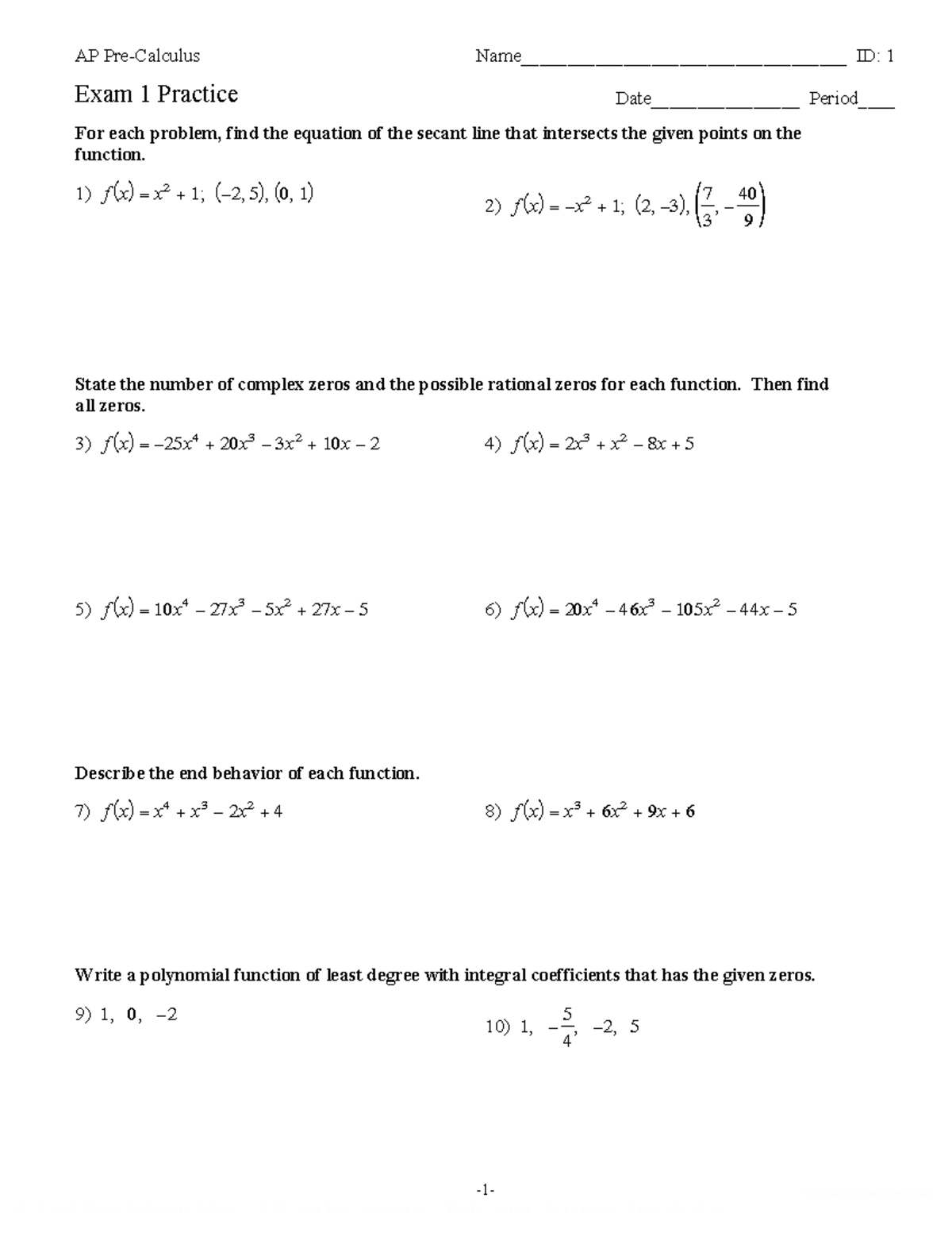 AP Calculus Exam 1 Practice: Secant Lines & Zeros Analysis - Studocu