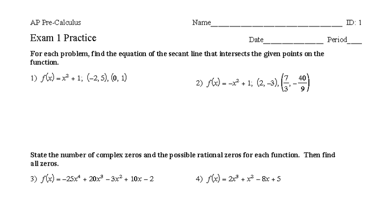 AP Calculus Exam 1 Practice: Secant Lines & Zeros Analysis - Studocu