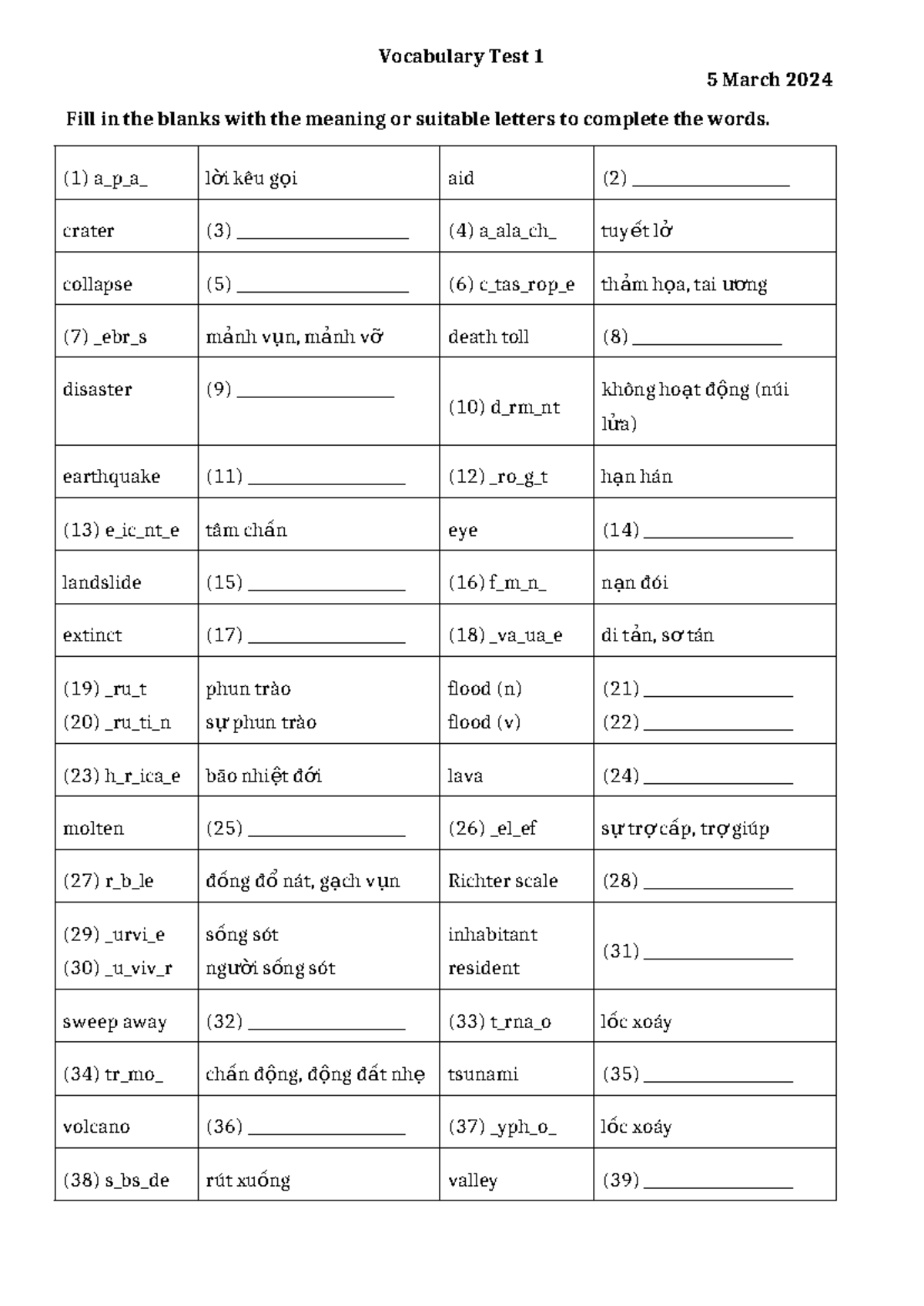 8A1 - 5.3 - Vocabulary Test 1: Fill in the Blanks Exercise - Studocu