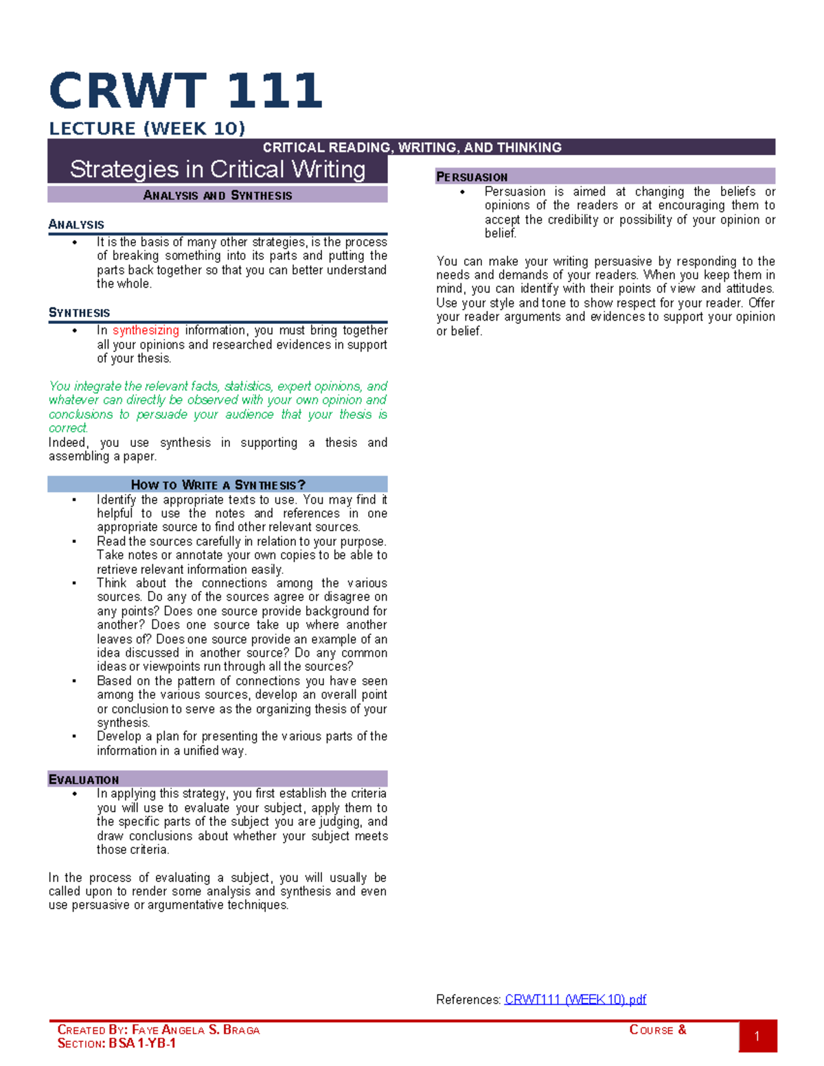 CRWT 111 WEEK 10 - Critical Reading, Writing, and Thinking - CRWT 111 ...