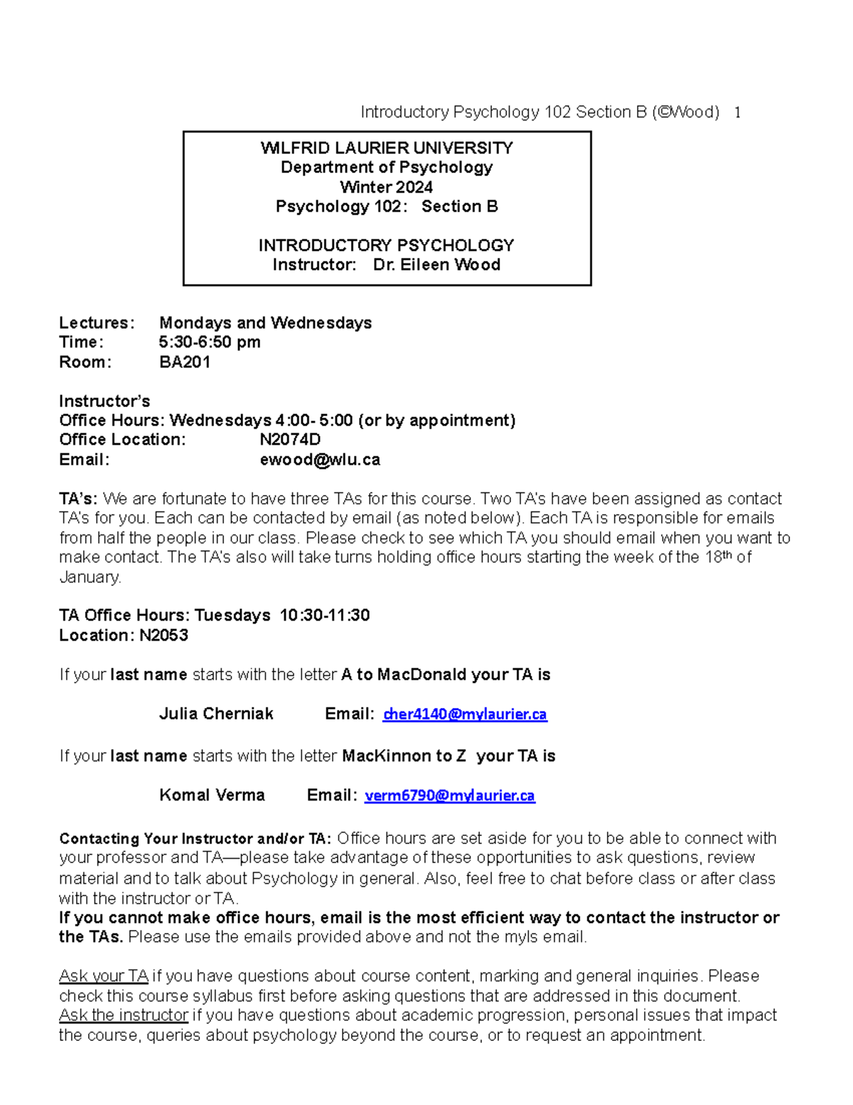 Course Outline PS102: Introductory Psychology Winter 2024 - Studocu