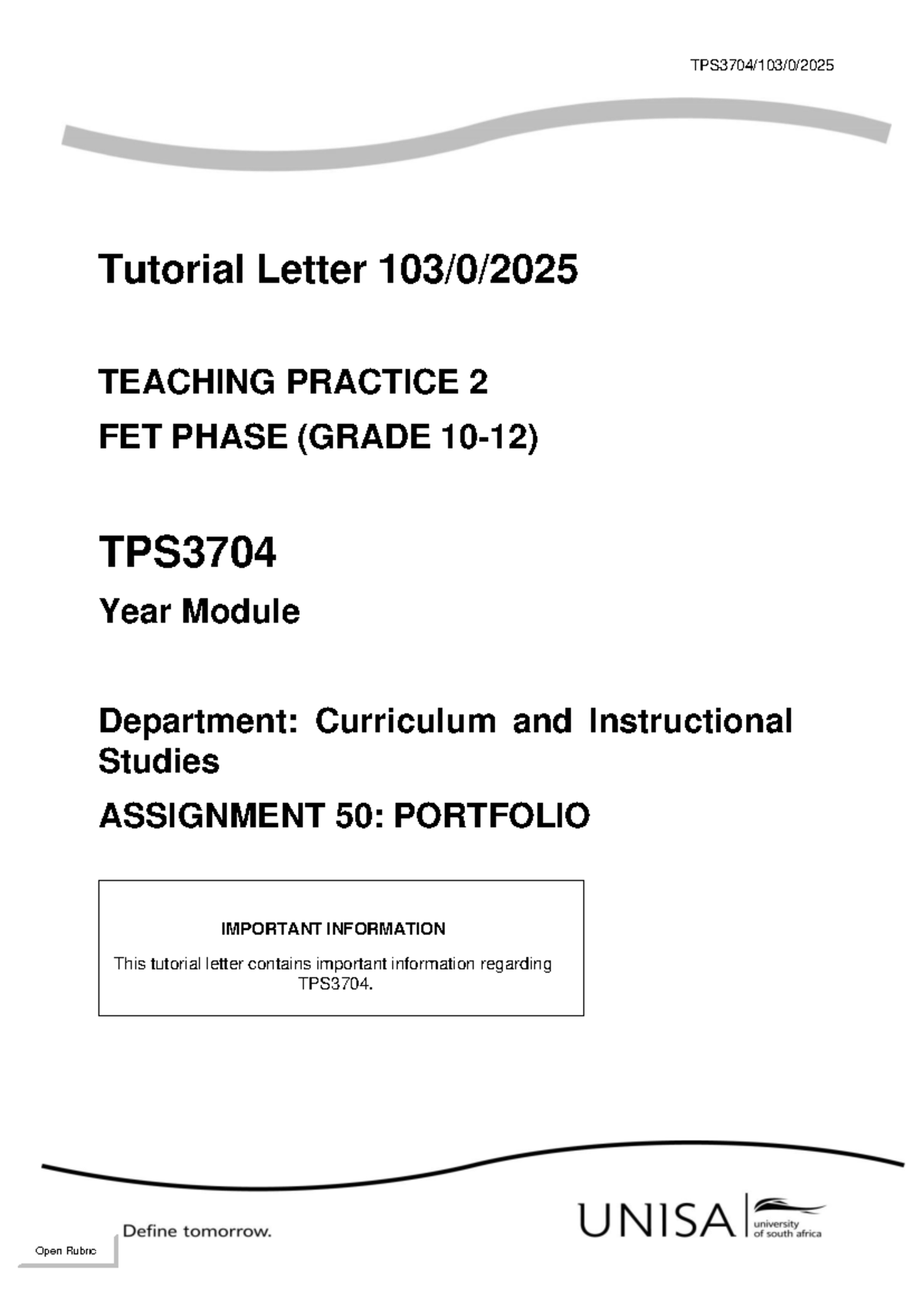 TPS3704: Assignment 50 Portfolio Guidelines for Teaching Practice 2025 ...