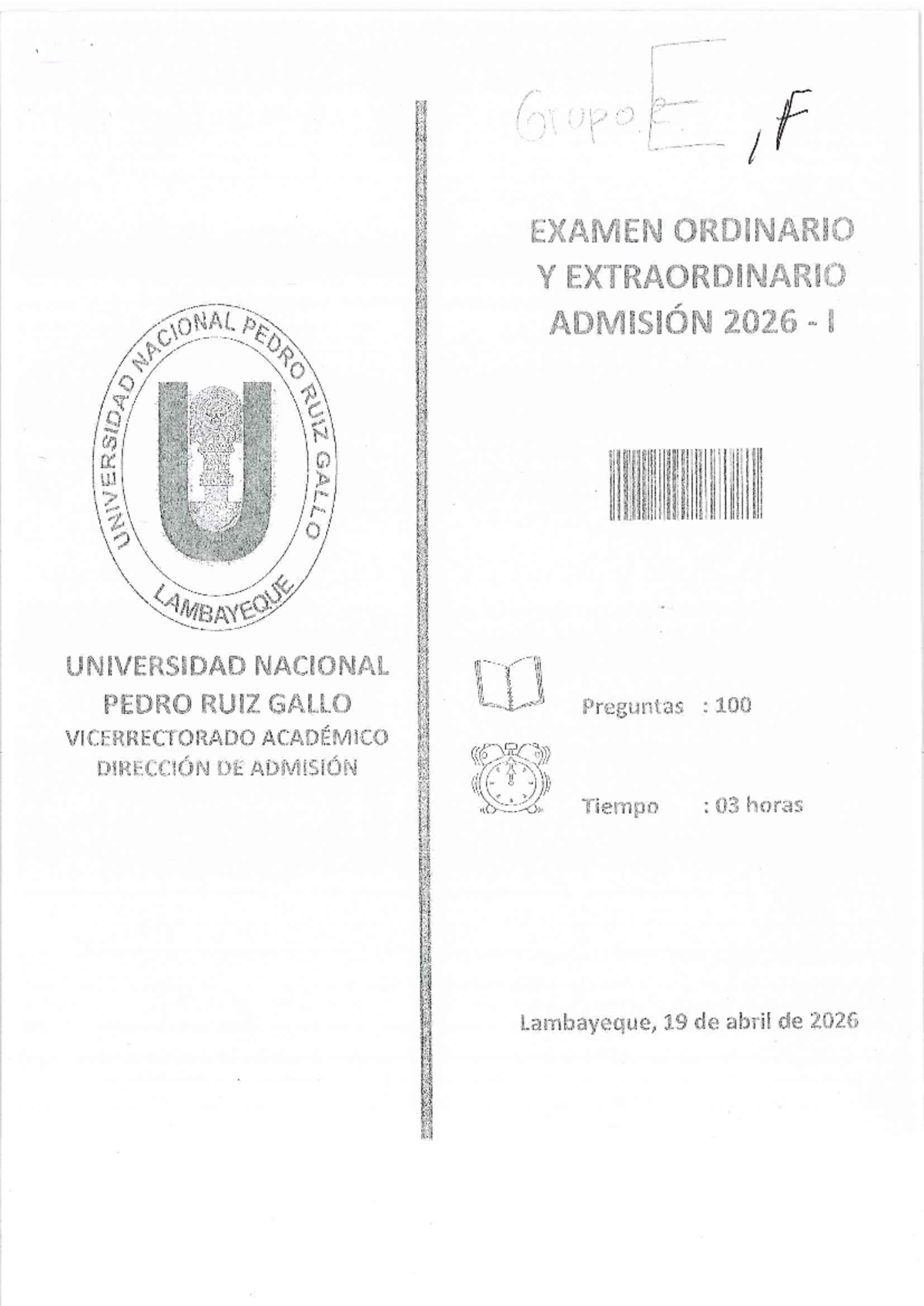 Examen Ordinario y Extraordinario de Admisión 2026 - UNPRG - Document Preview