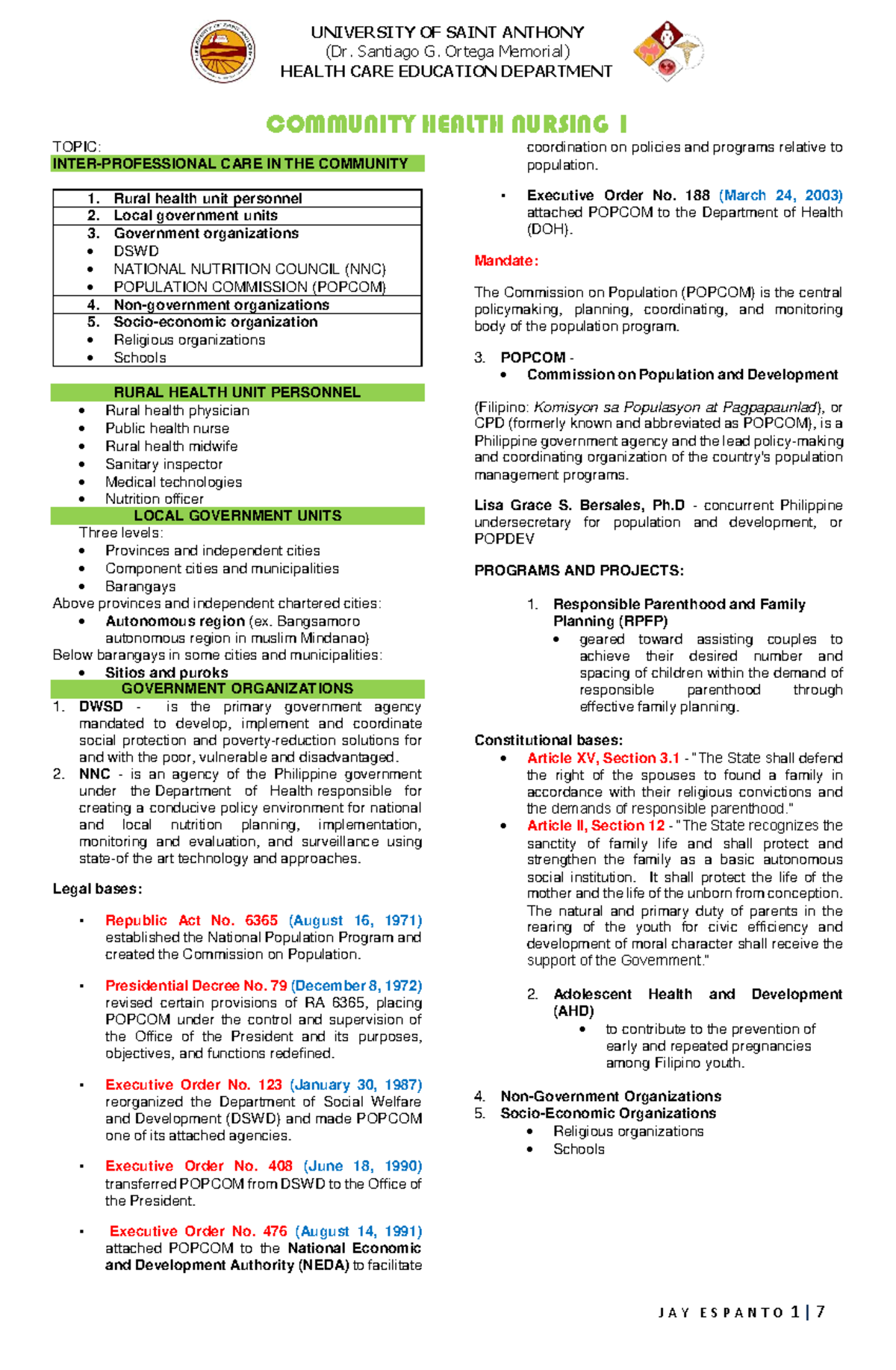 CHN- Community Health Nursing 1: Policies & Programs Overview - Studocu