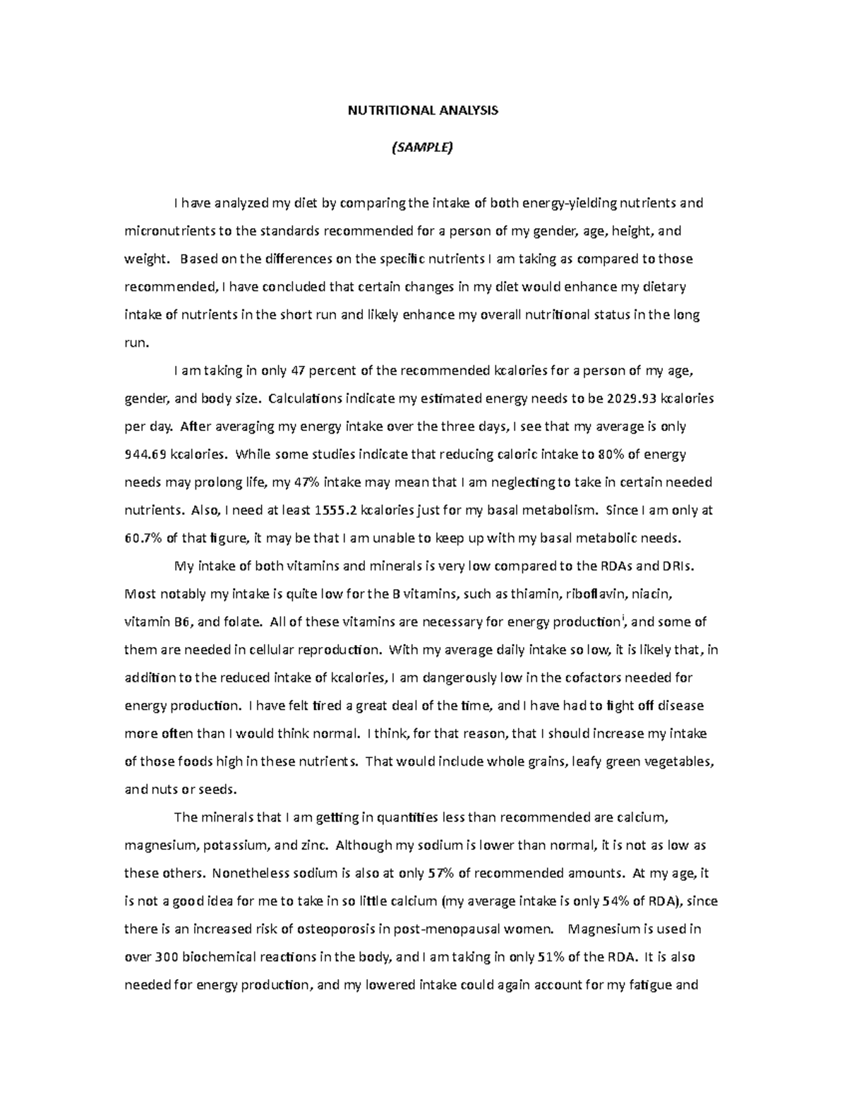 Nutritional Analysis (Final Paper) - Examining Dietary Intake & Changes ...