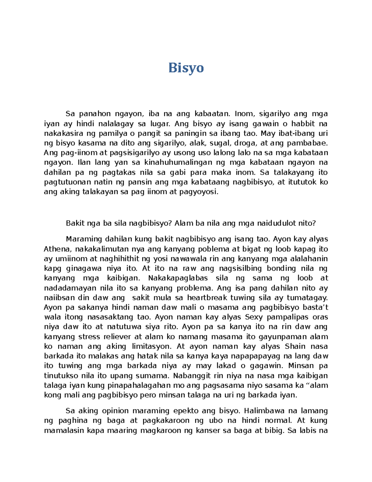 Bisyo at Ang Epekto Nito: Isang Sanaysay sa Kabataan - Studocu