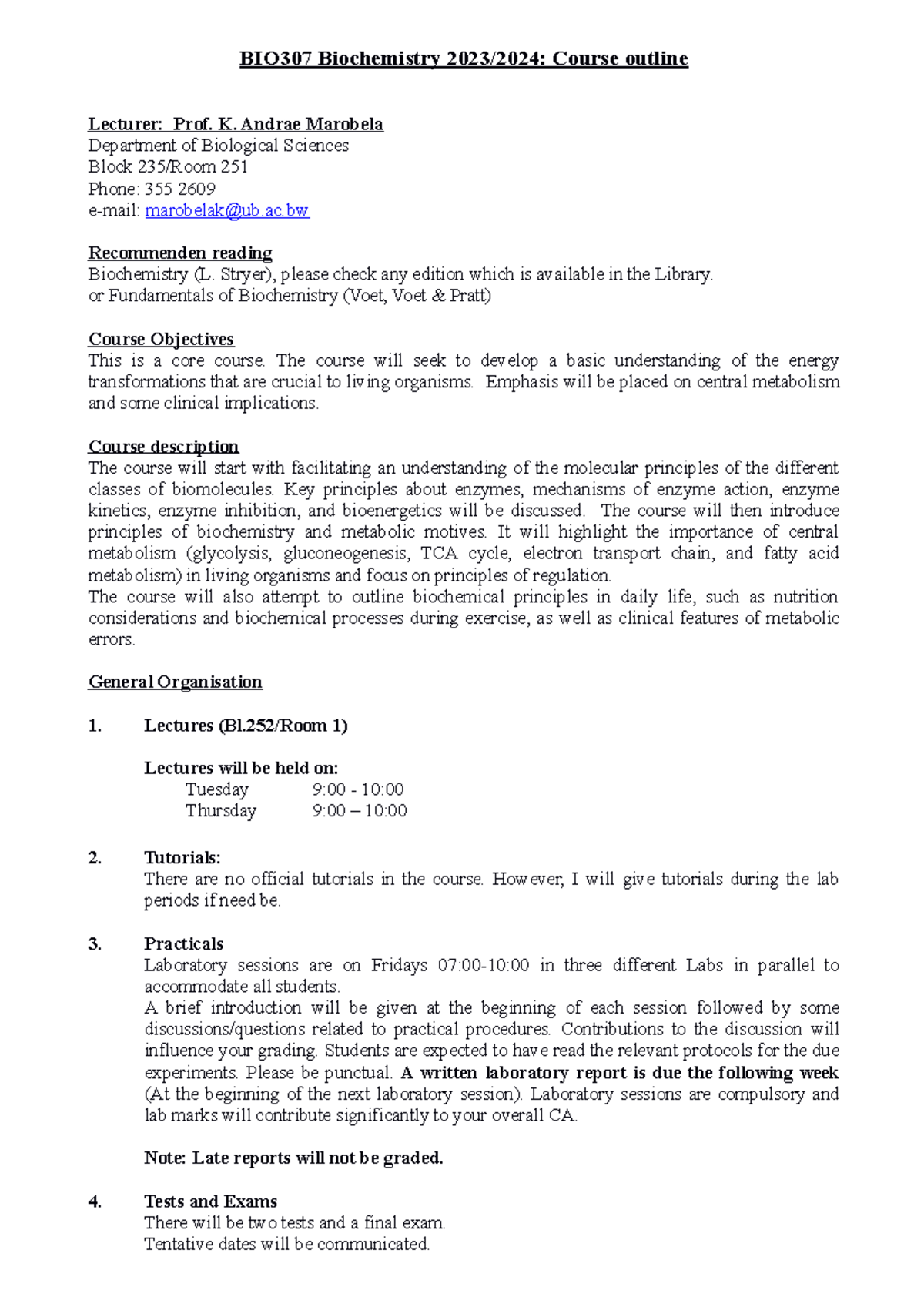 BIO307 Course Outline 2023 - 2024 - BIO307 Biochemistry 2023/2024 ...