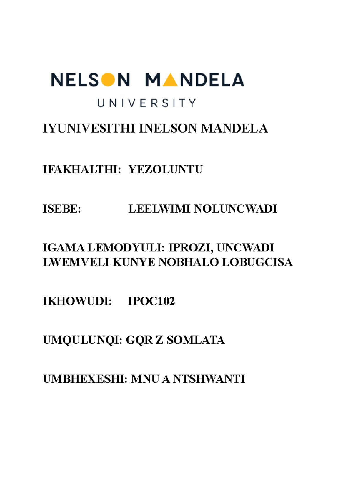 IPOC102: Understanding Xhosa Literature - Prose, Tradition, and Skills ...