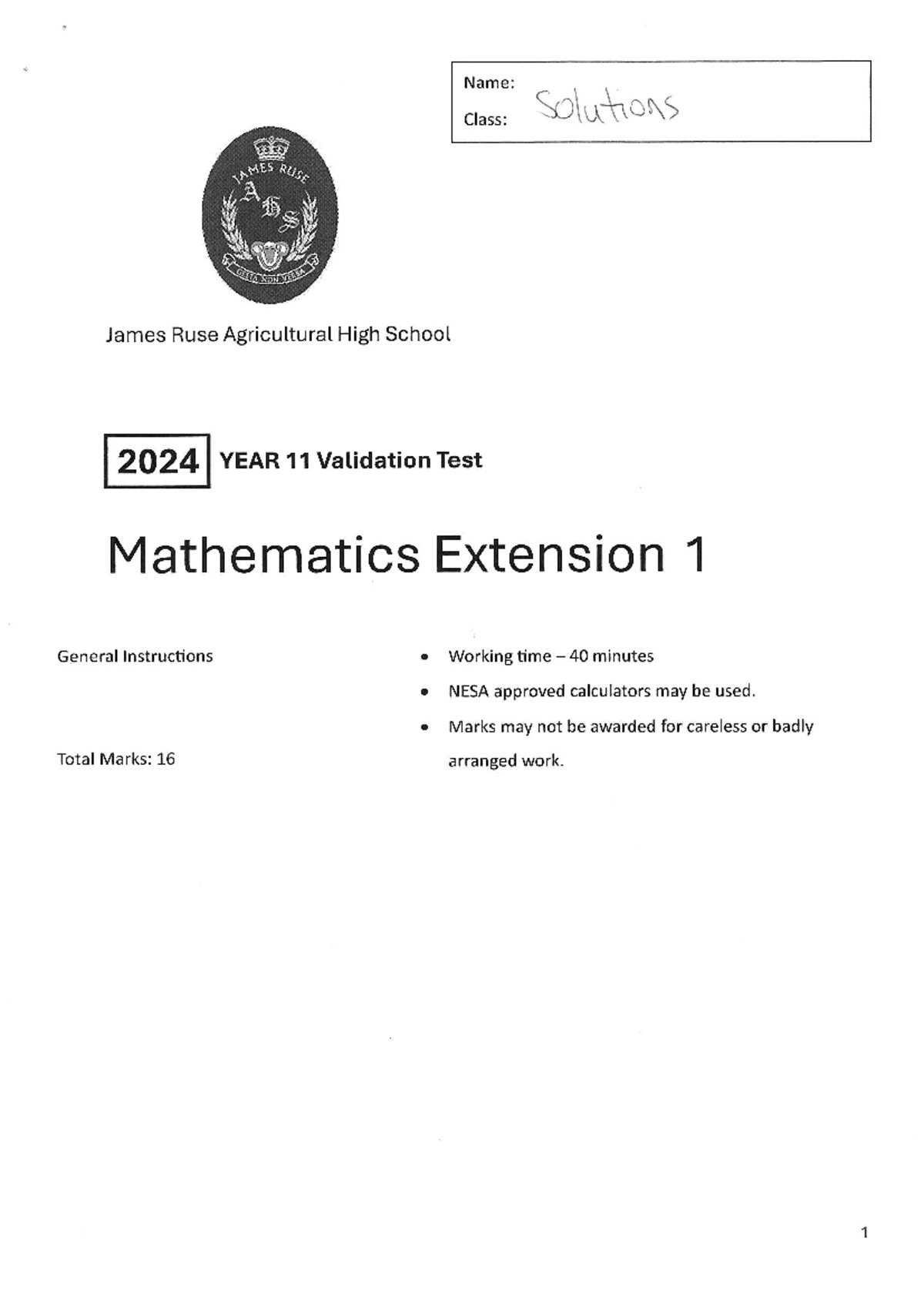 2024 Year 11 Validation Test Solutions: Math Ext 1 - Studocu